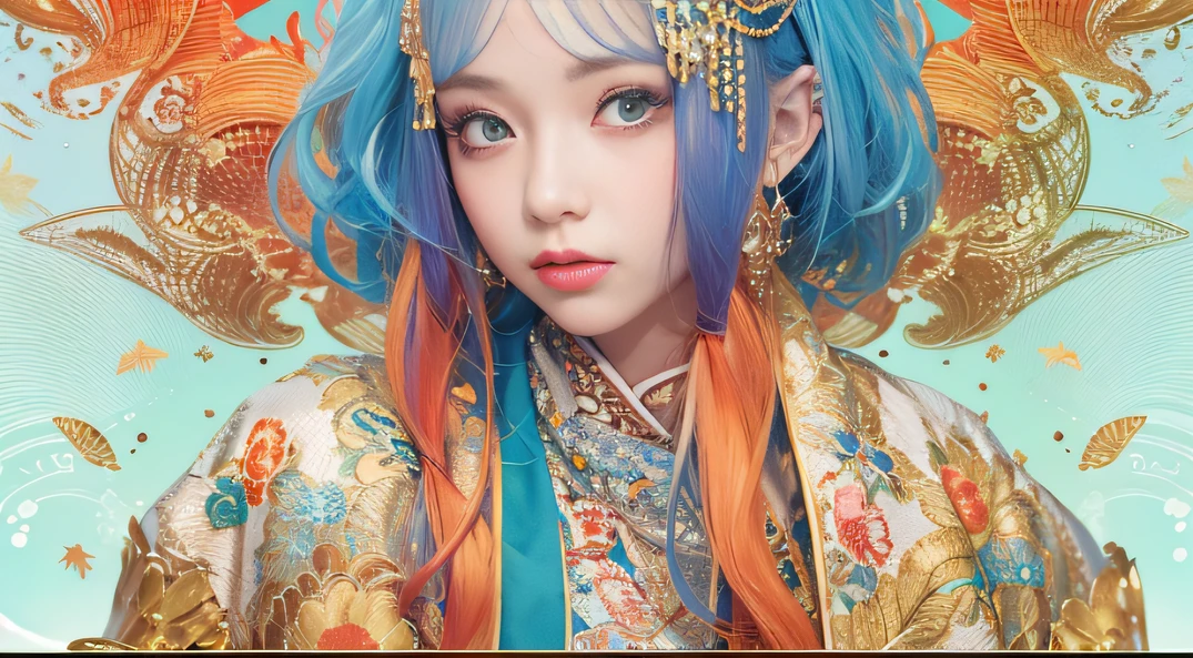 cyan colors,blue colors,Autumn Enamel World,Blood Girl 32K(tmasterpiece,k hd,Aoyama Pond,hyper HD,32K)Long flowing bright orange hair,Autumn pool,zydink, a color,Grumpy (Post-halo), (Linen scarf), Combat posture, Looking at the autumn ground, long whitr hair, Floating bright orange, Fire cloud pattern gold tiara, Chinese long-sleeved gold silk burgundy autumn clothing, (Abstract metaverse splash:1.2), white backgrounid,Peony flower vitality protector(realisticlying:1.4),Bright purple hair,Smoke on the road in autumn,The background is pure, A high resolution, the detail, RAW photogr, Sharp Re, Nikon D850 Film Stock Photo by Jefferies Lee 4 Kodak Portra 400 Camera F1.6 shots, Rich colors, ultra-realistic vivid textures, Dramatic lighting, Unreal Engine Art Station Trend, cinestir 800,A girl with long flowing bright orange hair,Huge colorful bubbles