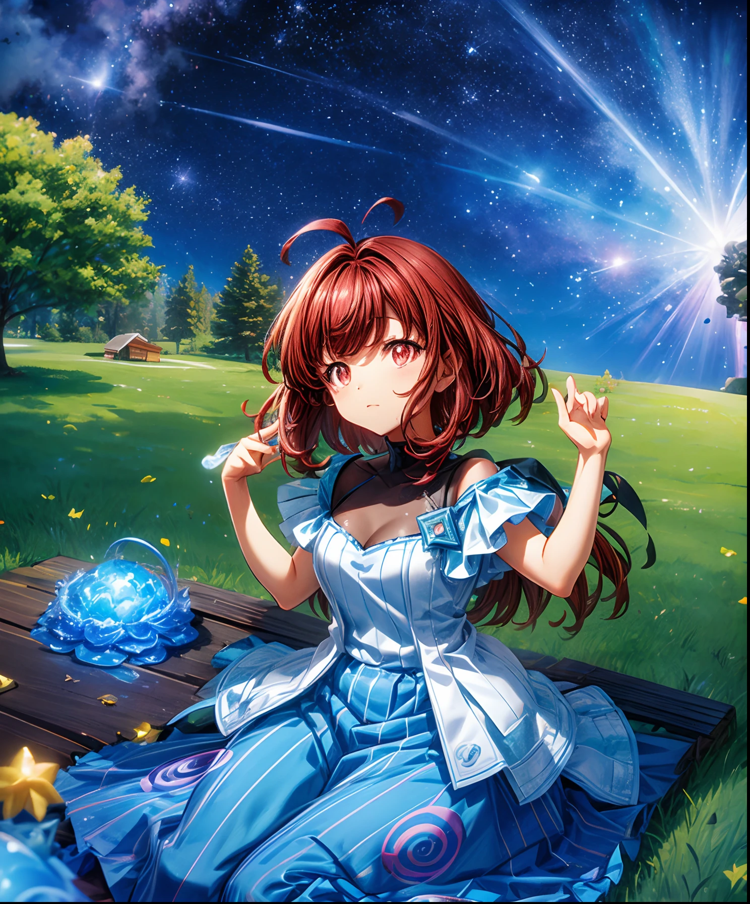 Describe a scene where a cute girl character is lying on a grassy hill, Looking up at the starry sky. Surround her with colorful nebulae and her favorite constellations.