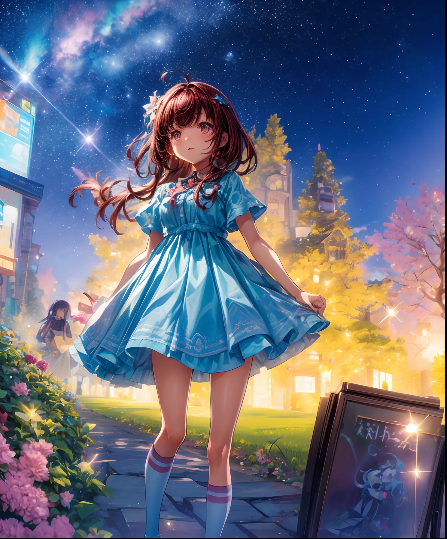 Describe a scene where a cute girl character is lying on a grassy hill, Looking up at the starry sky. Surround her with colorful nebulae and her favorite constellations.