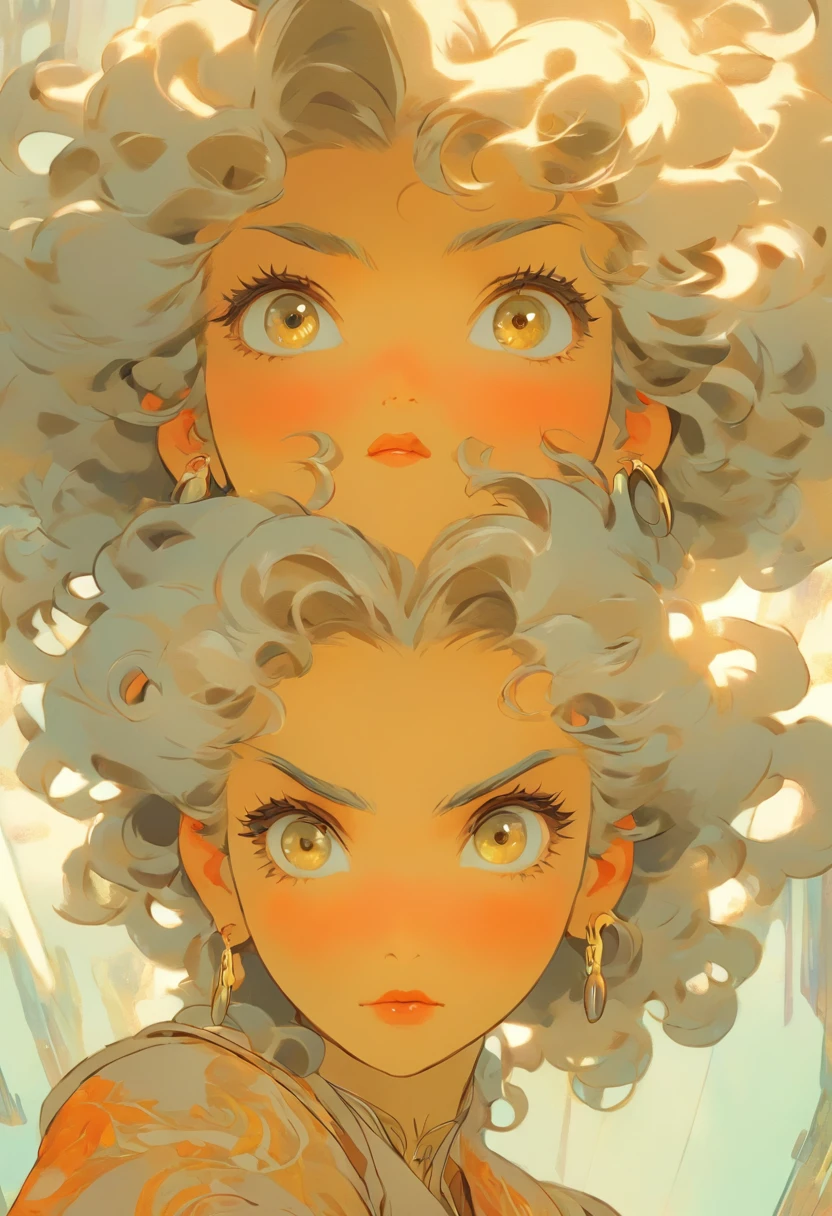 grey hair, white hair, curly hair, drill hair, quad drills, long hair, hair one side up, amber eyes, crescent earrings, makeup, kubrick stare, Social realism, by Alfons Mucha, Luminism, anime style, Fujicolor, masterpiece, high quality