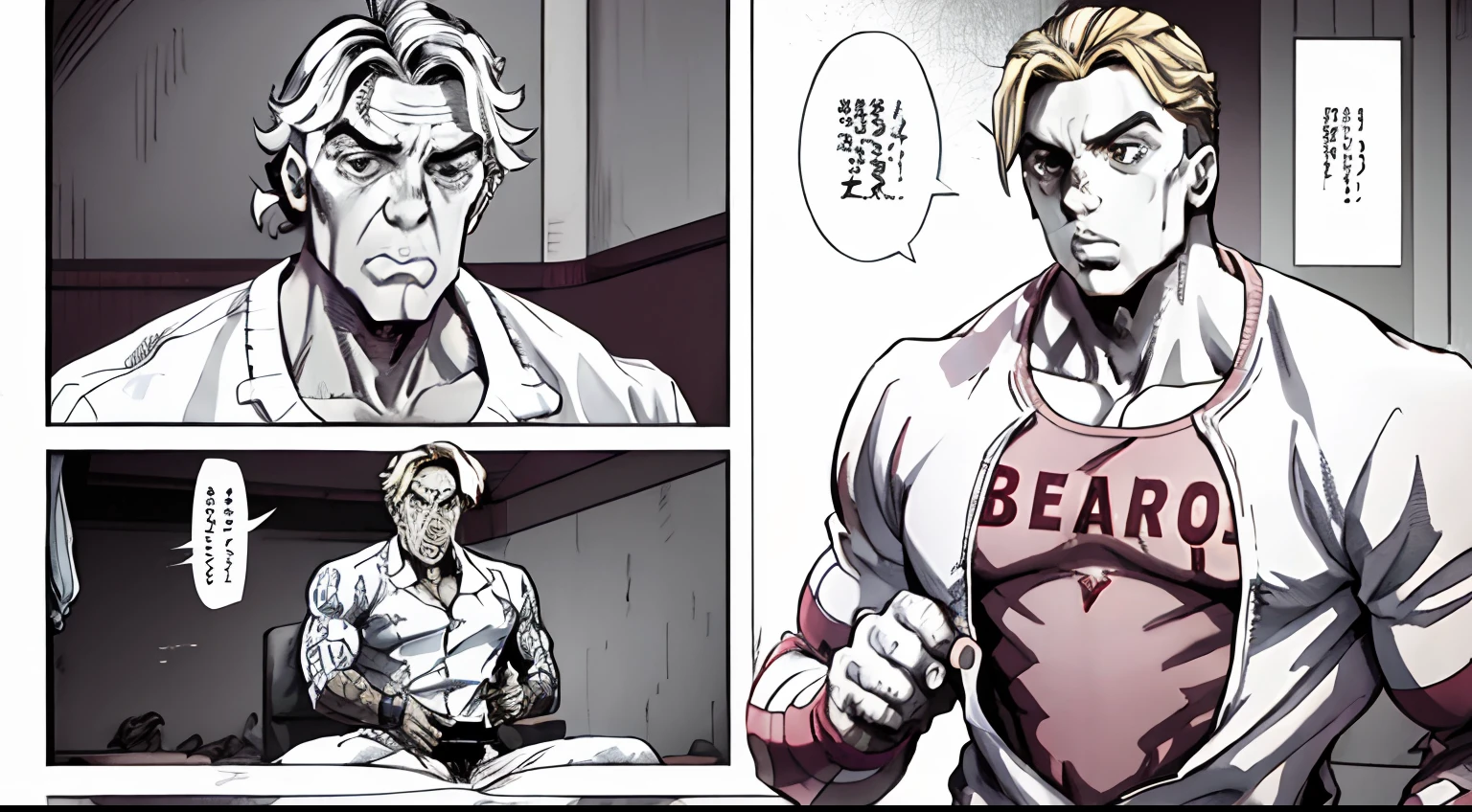 blonde man, bodybuilder in prison clothes eating a giant strawberry, monochrome,greyscale,comic