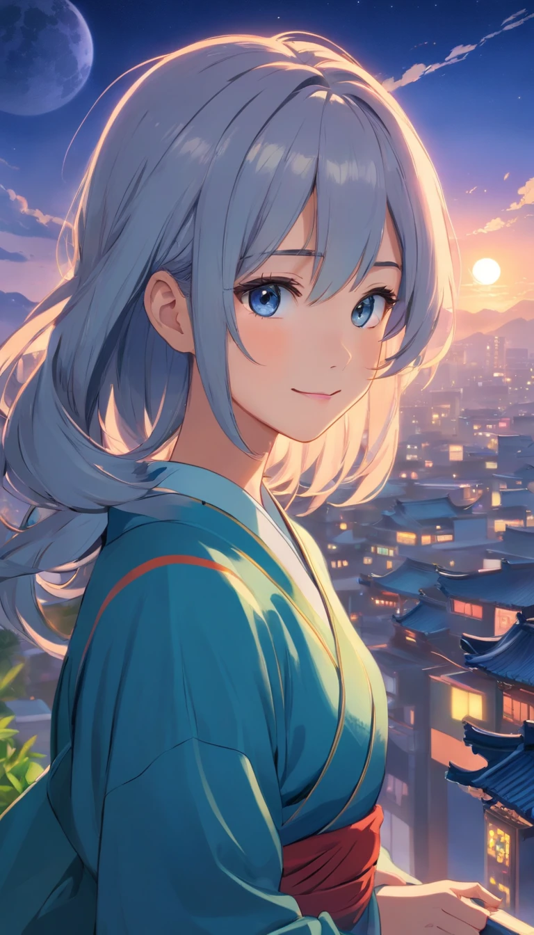 Best quality at best，tmasterpiece，The is very detailed，Face details，8K, detailed back ground，1girll，独奏，Silver hair，eBlue eyes，，long whitr hair，wavey hair，voluminous hair，，，Blushlush，ssmile，Shawl，Chinese city，Chinese service，the night，themoon，scenecy，high place，horizon，ventania，wind blown，flowerbed，looking at viewert