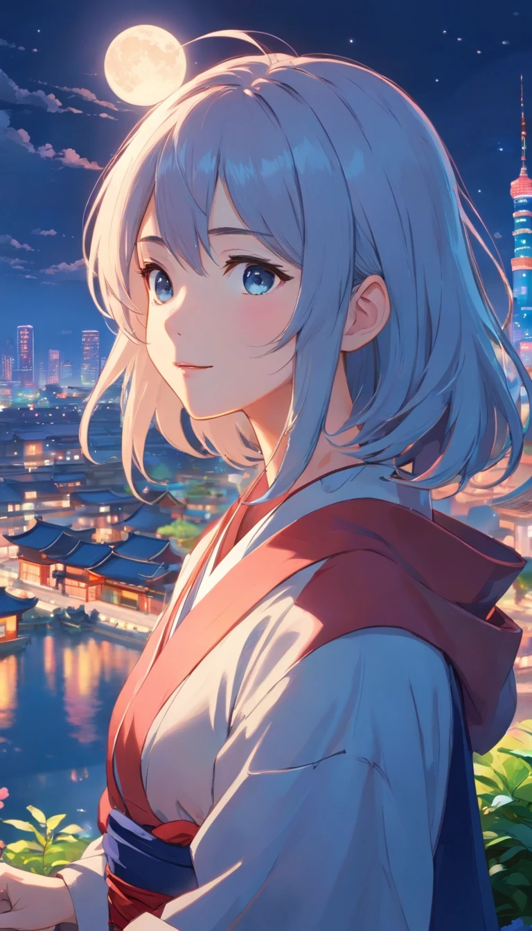 Best quality at best,tmasterpiece,The is very detailed,Face details,8K, detailed back ground,1girll,独奏,Silver hair,eBlue eyes,,long whitr hair,wavey hair,voluminous hair,,,Blushlush,ssmile,Shawl,Chinese city,Chinese service,the night,themoon,scenecy,high place,horizon,ventania,wind blown,flowerbed,looking at viewert