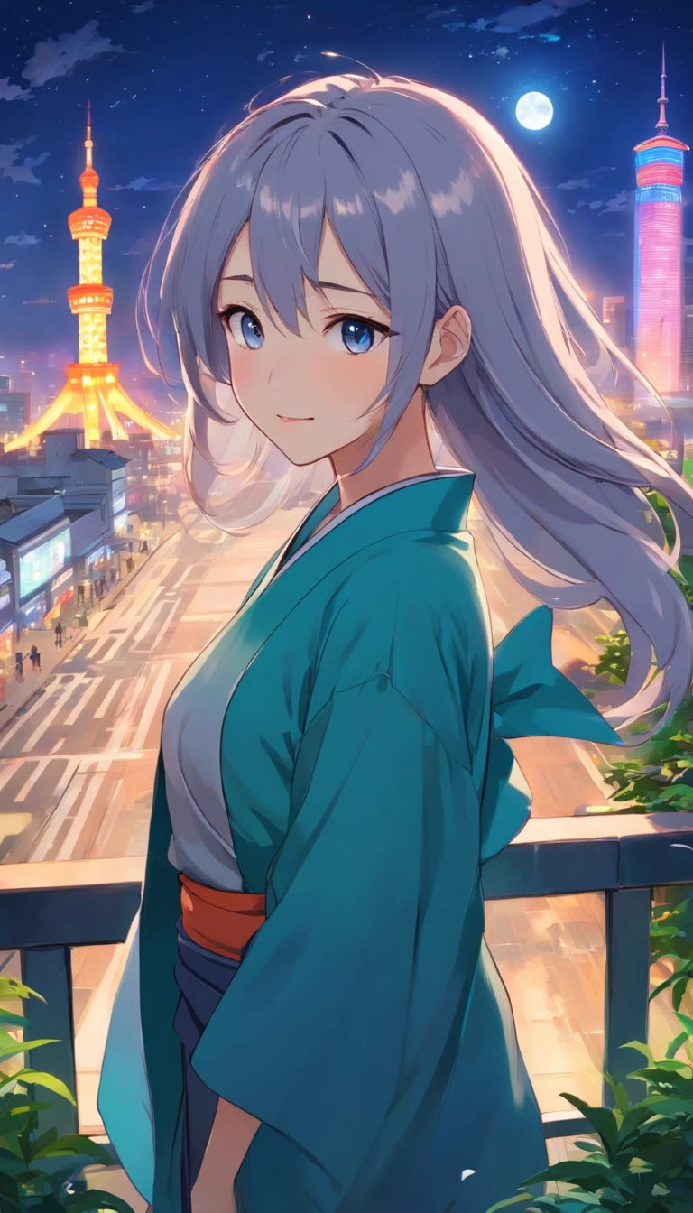 Best quality at best,tmasterpiece,The is very detailed,Face details,8K, detailed back ground,1girll,独奏,Silver hair,eBlue eyes,,long whitr hair,wavey hair,voluminous hair,,,Blushlush,ssmile,Shawl,Chinese city,Chinese service,the night,themoon,scenecy,high place,horizon,ventania,wind blown,flowerbed,looking at viewert