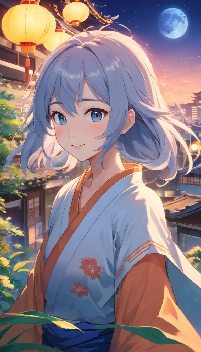 Best quality at best,tmasterpiece,The is very detailed,Face details,8K, detailed back ground,1girll,独奏,Silver hair,eBlue eyes,,long whitr hair,wavey hair,voluminous hair,,,Blushlush,ssmile,Shawl,Chinese city,Chinese service,the night,themoon,scenecy,high place,horizon,ventania,wind blown,flowerbed,looking at viewert