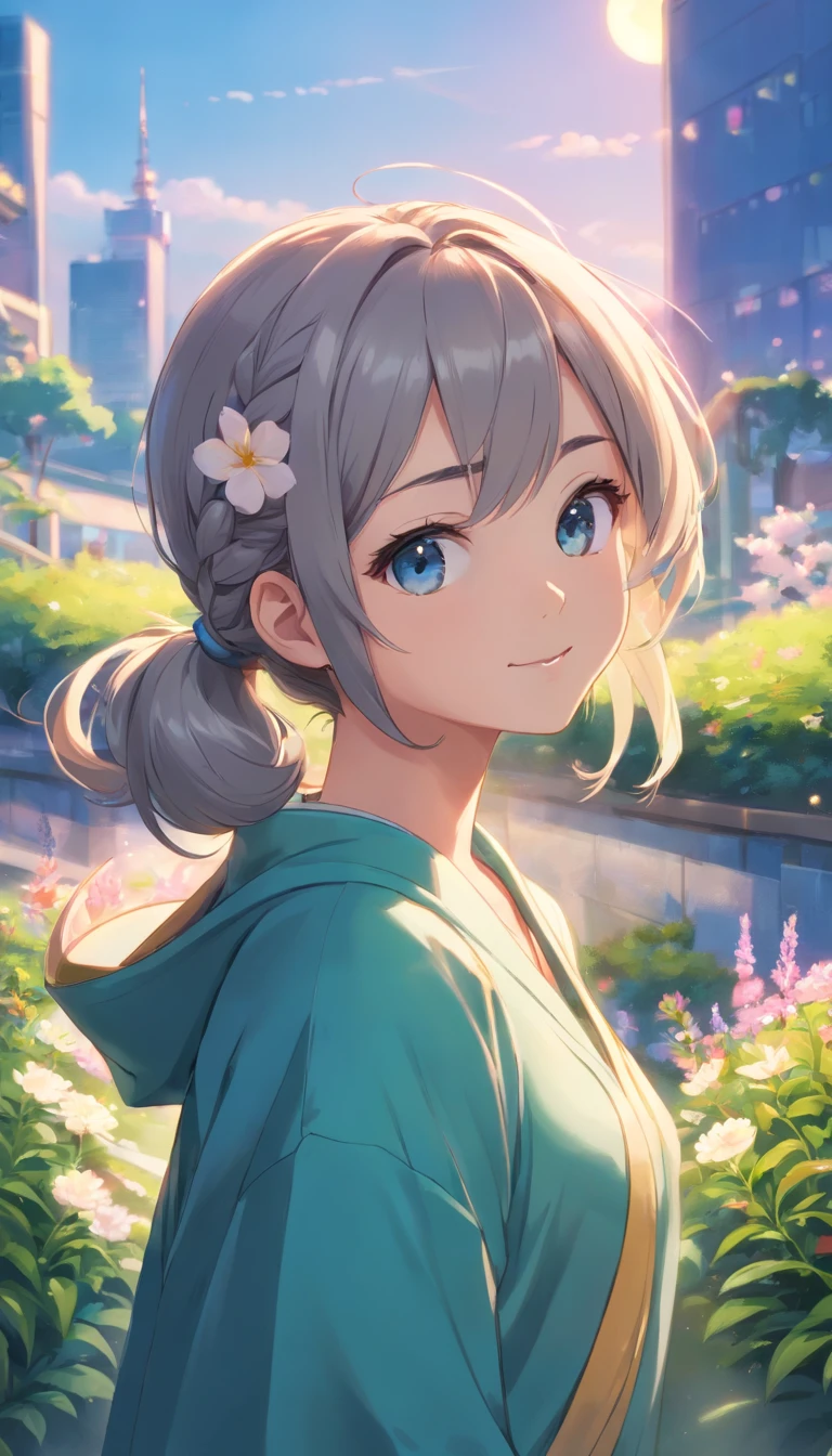 Best quality at best，tmasterpiece，The is very detailed，Face details，8K, detailed back ground，1girll，独奏，Silver hair，eBlue eyes，pigtails，long whitr hair，wavey hair，voluminous hair，pony tails，french braid，Blushlush，ssmile，Shawl，Chinese city，Chinese service，the night，themoon，scenecy，high place，horizon，ventania，wind blown，flowerbed，looking at viewert