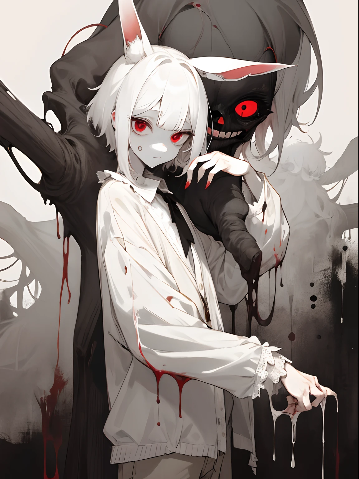 masterpiece, best quality, highres, 1boy, cream hair, white hair, pearl hair, lovely boy, rabbit ears, loose clothing, oversized clothing, dark red eyes, eye bags, dark circles under eyes, yami kawaii, fluffy hair, voluminous hair, skinny, slim, very skinny, androgynous, cute, creepy, short hair, horror, washed out colours, white skin, creepy, unnaturally thin, starving, eyes, eyes in background, sharp eyes, long eyelashes, under lashes, loose shorts, lace shirt, ruffled shirt, bow around neck, detailed clothing, loose cardigan, open cardigan, dripping blood, horrific, nightmare, haunted, stitches, patchwork, strings, injuries, hell, injuries on arms, self harm, cuts, black fingers