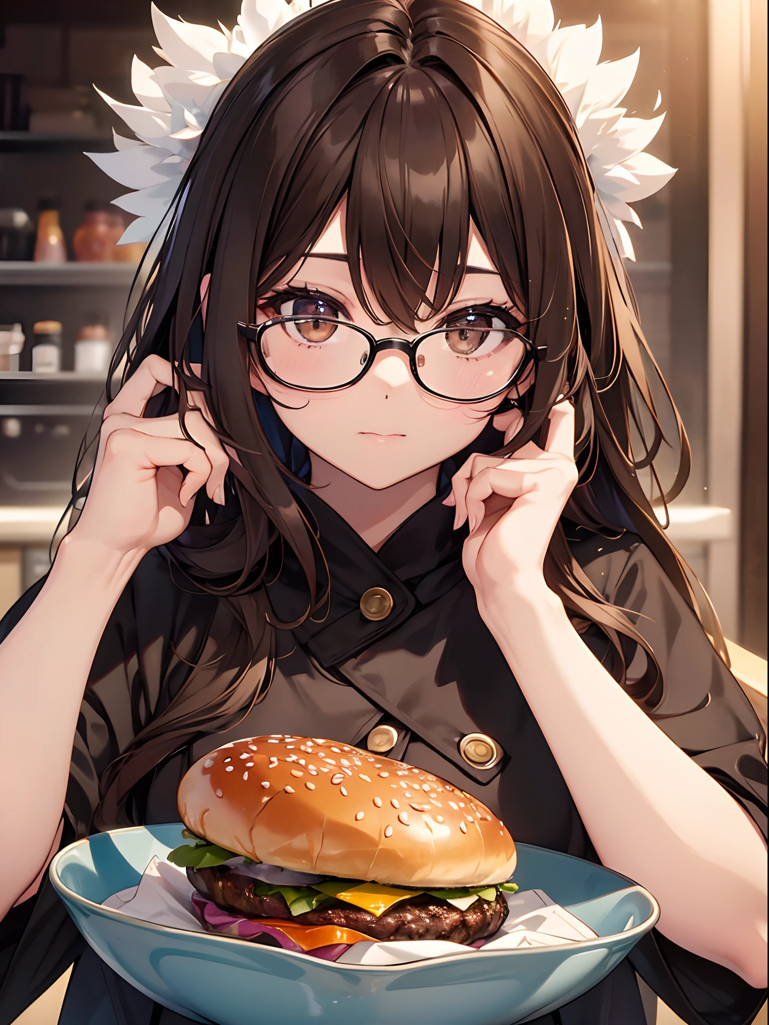 Sex 1 person、brown haired(Curta)、Brown eyes、Black-rimmed glasses、Best Quality、ultra-detailliert、8K resolution、Raw photo、masutepiece、gorgeous faces、Perfect body、Cheek up a hamburger