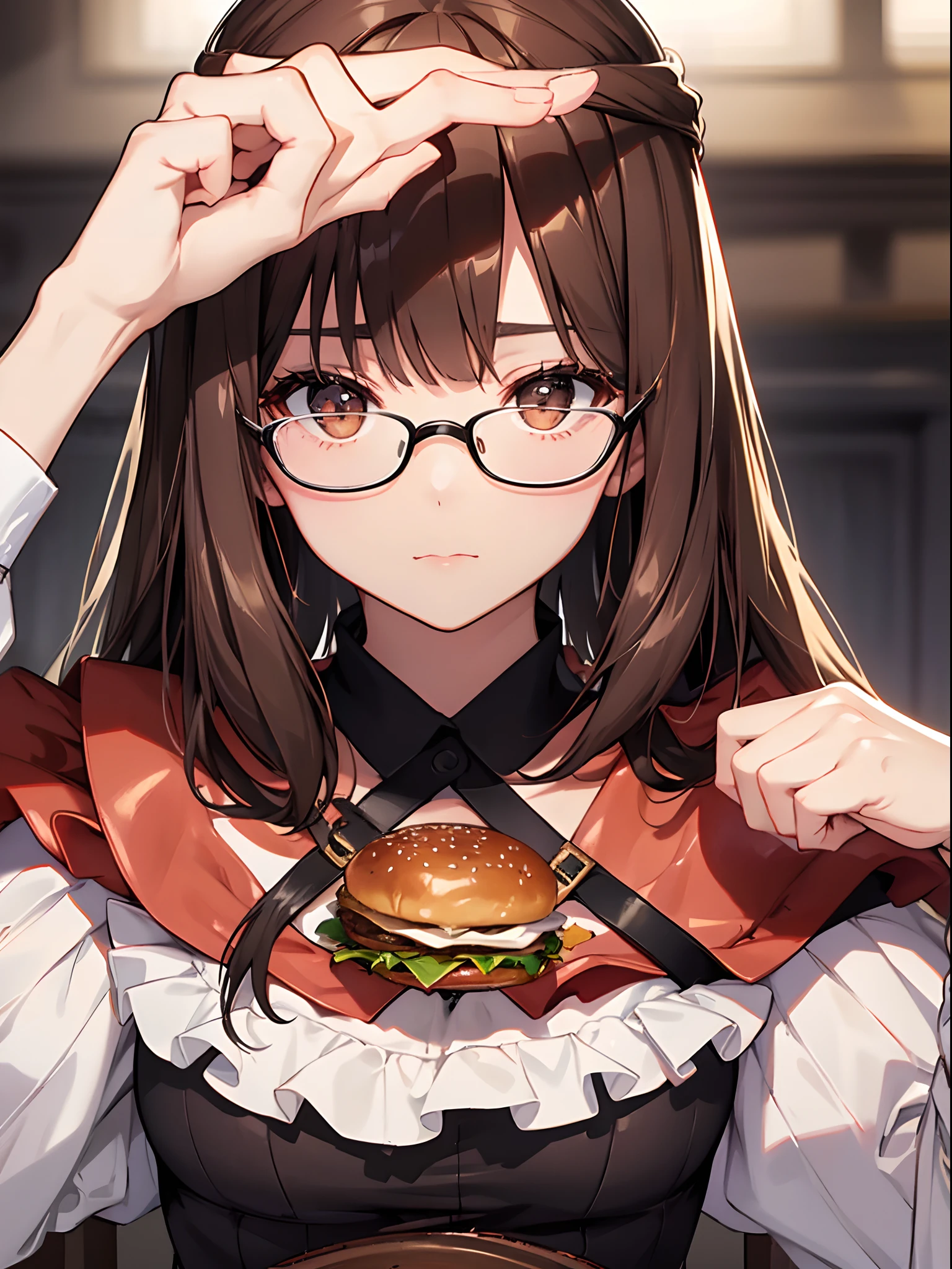 Sex 1 person、brown haired(Curta)、Brown eyes、Black-rimmed glasses、Best Quality、ultra-detailliert、8K resolution、Raw photo、masutepiece、gorgeous faces、Perfect body、Cheek up a hamburger