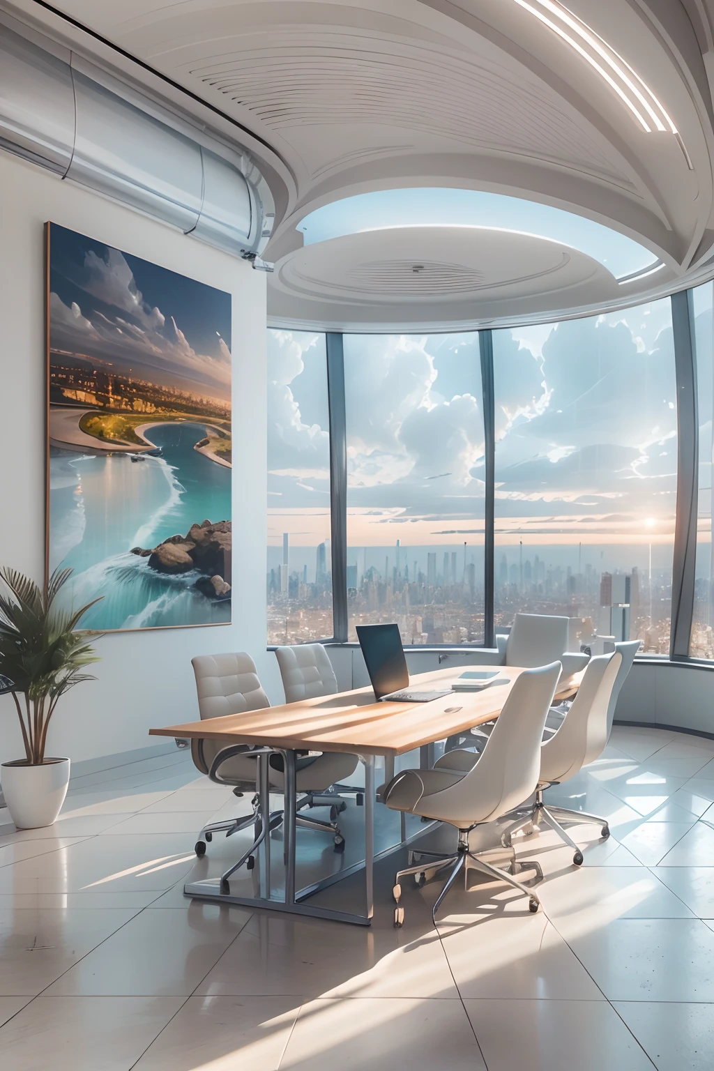 office room，There is a wall in the middle of the office,The painting on the wall is in the middle, Paintings on the walls, skyscape, Large airy windows, Zaha Hadid and Santiago Calatrava landscape panoramic style, Fish, Clear light, Edge lighting, Perfect image, Building summary style, 16k UE5. superfine, 8K, hdr, Product photography, Depth of field, Nikon D850, Ultra-realistic, no contrast, clean sharp focus, professional, No blurring
