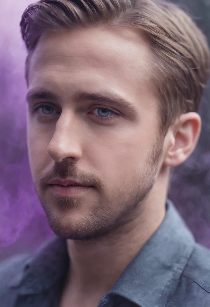 [Ryan Gosling portrait:abstract background:0.5], expressionism, violet tones, mist, smoke, digital art, muted tones, depressive, colorful background