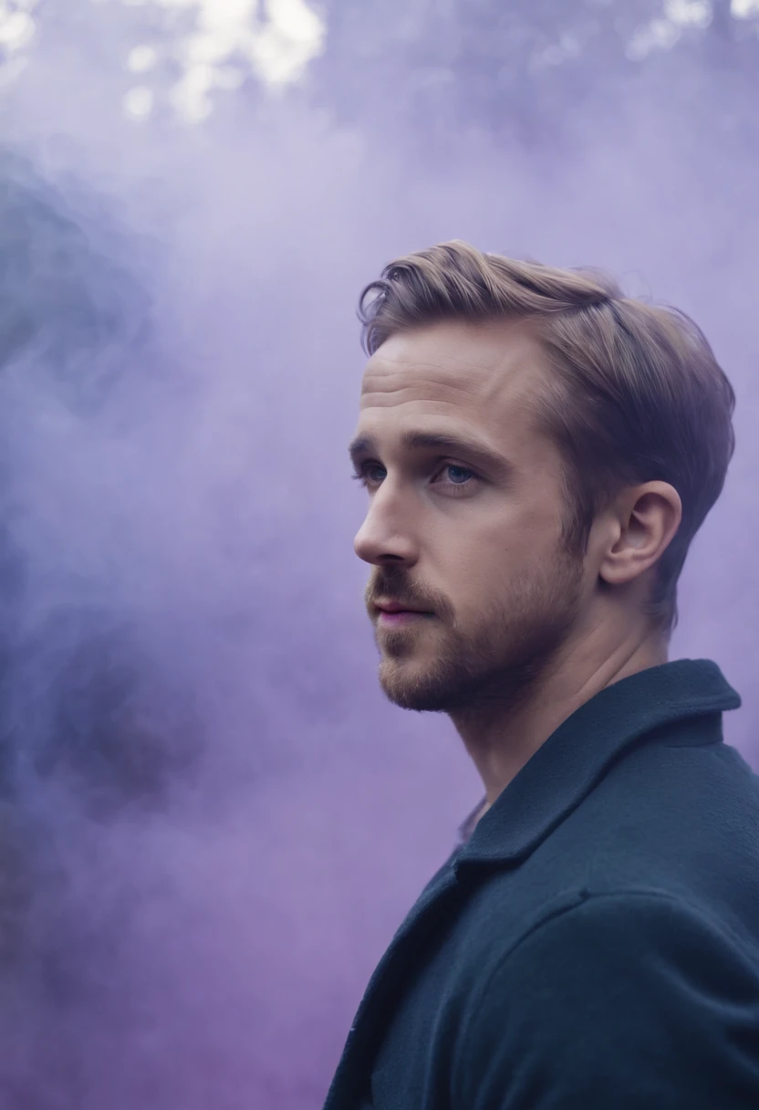 [Ryan Gosling portrait:abstract background:0.5], expressionism, violet tones, mist, smoke, digital art, muted tones, depressive, colorful background
