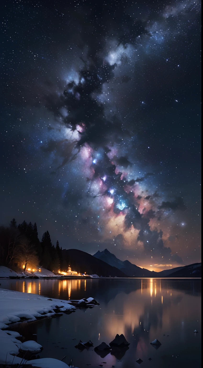 ((Background with、Winters、snowscape、Silver World、Wide night sky、Shining stars、Fantastical、Shining stars、Twinkling Stars、constellation、Meteor swarm、Starry sky reflecting off the lake、Milky Way Galaxy、a moon、white blossoms、Superb view、nigh sky、Beautiful fece:1.5)),Surrealism, high detail, Hyperrealism, film grain, tachi-e, parkle, UHD, masterpiece, ccurate, anatomically correct, textured skin, super detail, high details, high quality, super detail, best quality, highres, 1080P, HD, 8k,