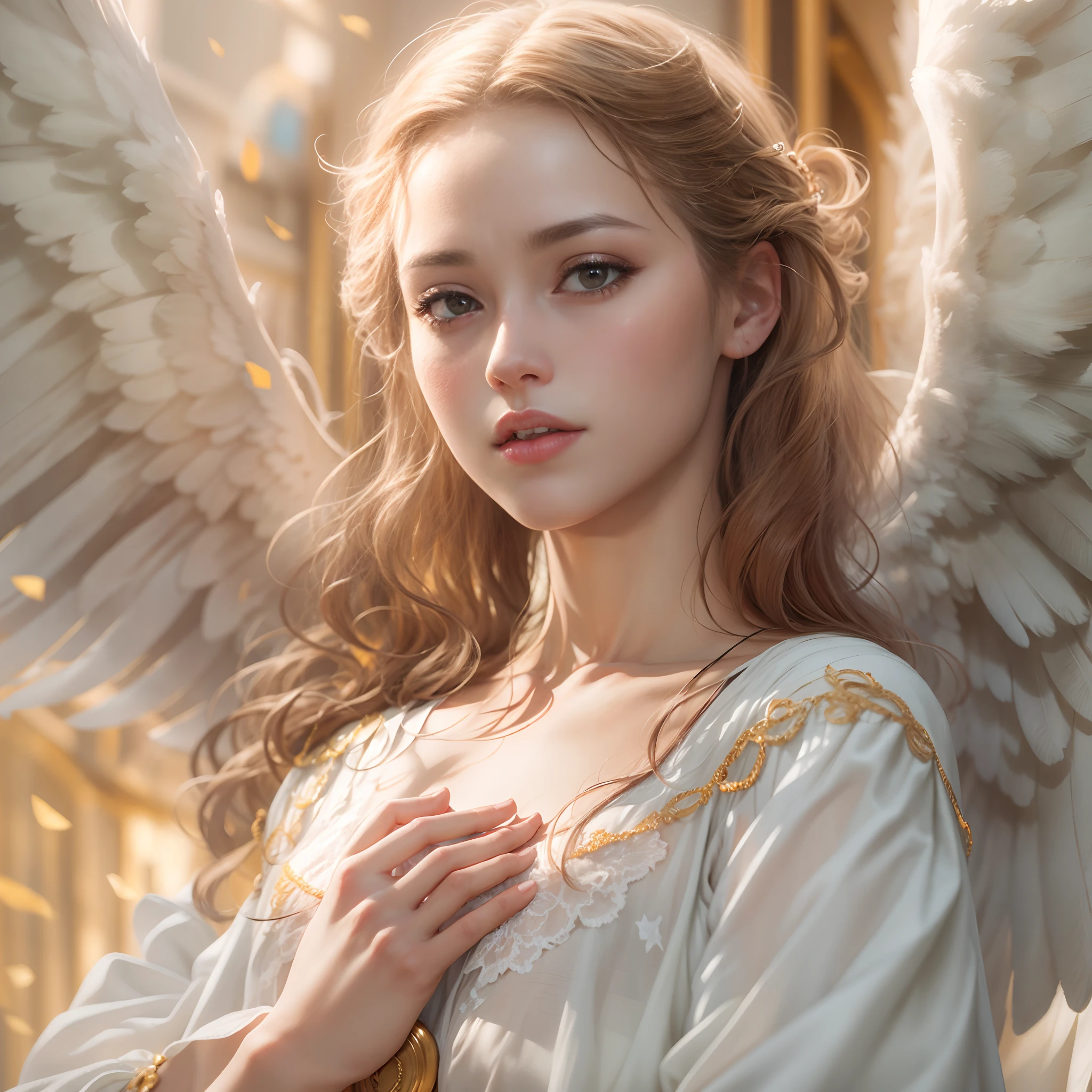 masterpiece, highest quality, 8k, real person, realistic, Very detailed CG, shiny skin, Fully focused, heaven, glory of god, shine, Angel, bless, happiness,