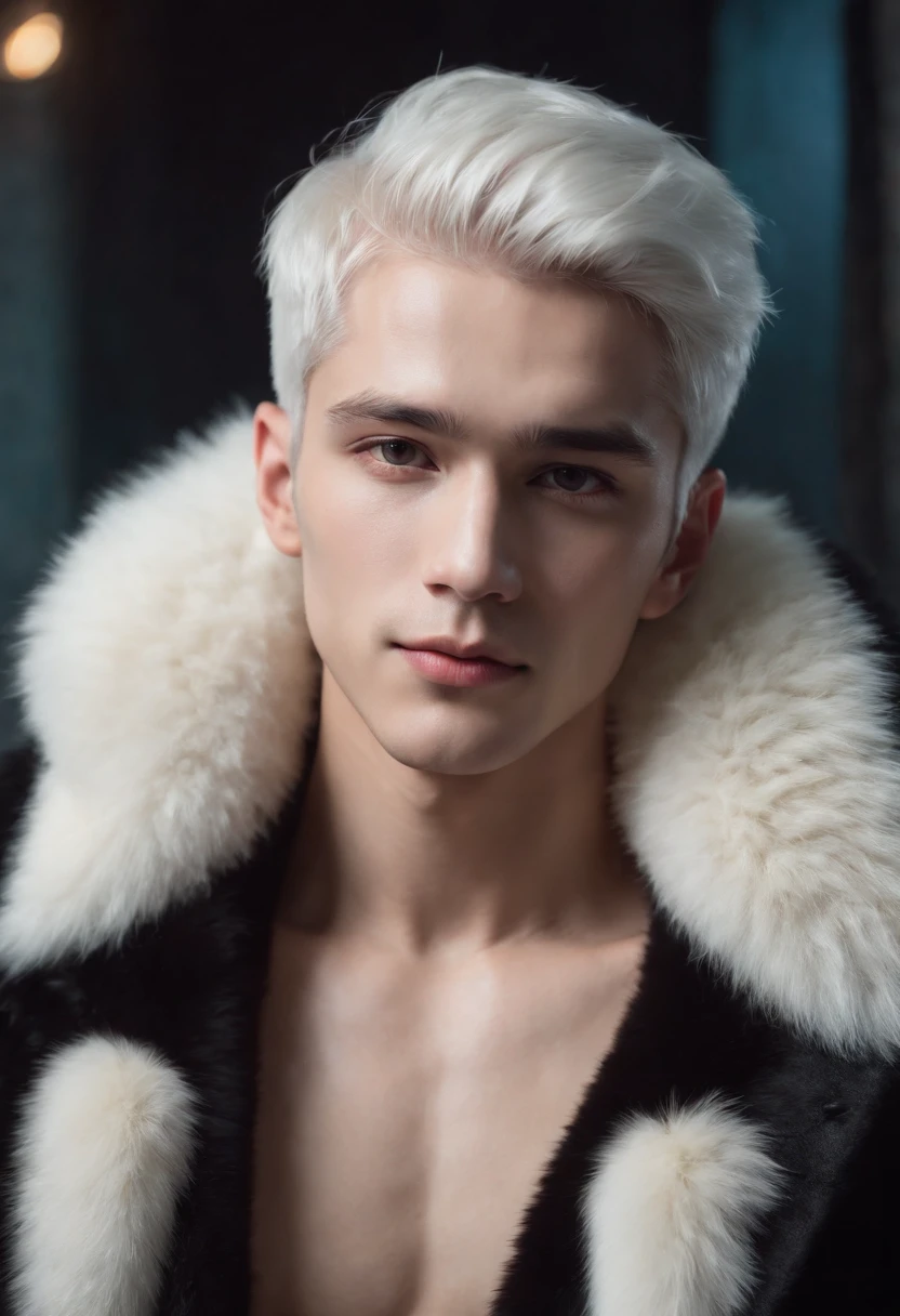 Young man, 20 years old, white hair, two block haircut , shirtless, wearing a black fur coat , reality photo, reality skin, detailed skin, glowing light eyes, Biomechanical, eerie, Creepy, nightmarish, Very bright colors, Light particles, with light glowing, Mshiff, wallpaper art, UHD wallpaper