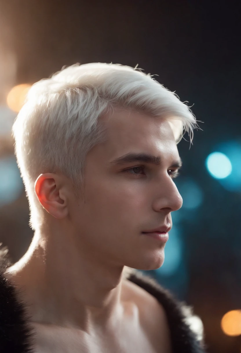 Young man, 20 years old, white hair, two block haircut , shirtless, wearing a black fur coat , reality photo, reality skin, detailed skin, glowing light eyes, Biomechanical, eerie, Creepy, nightmarish, Very bright colors, Light particles, with light glowing, Mshiff, wallpaper art, UHD wallpaper