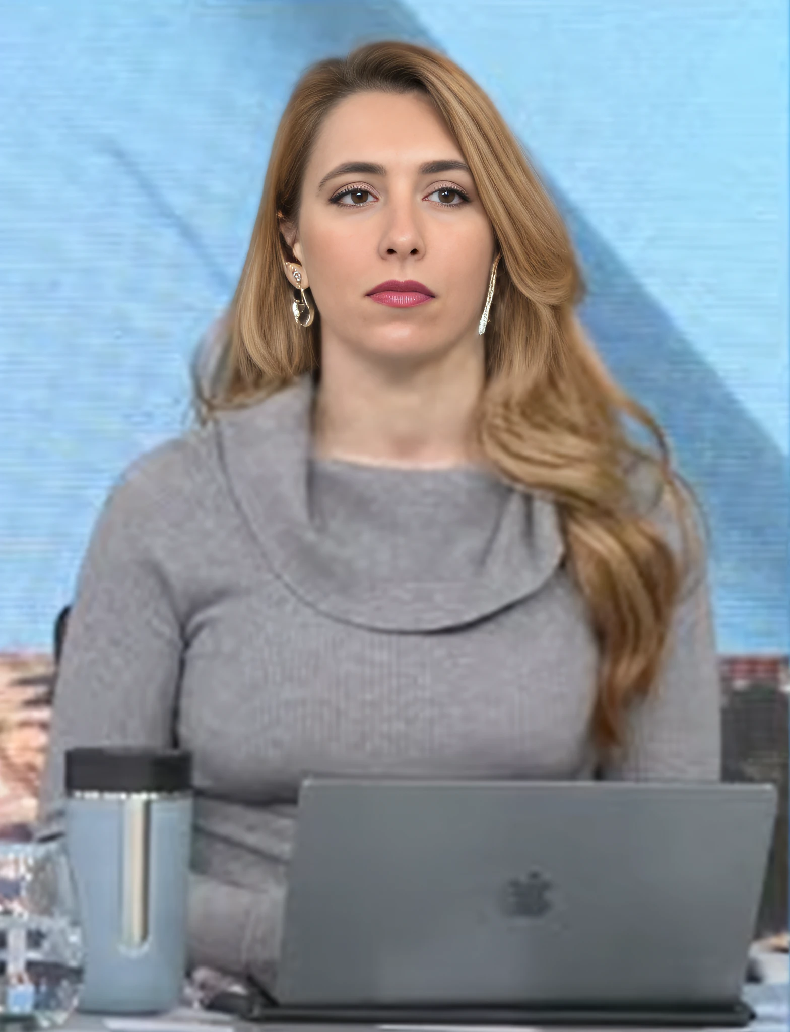 um close up de uma mulher sentada em uma mesa com um laptop, cabelos longos ondulados, olhos verdes bem delineados, rosto detalhado bem iluminado, sorrindo para a foto, planos de fundo detalhados pouco desfocados, luzes naturais, HDR, foto realista, foto profissional, flerte com o espectador, visual sexy, fotorrealista, Linda, pele natural, 8k UHD, alta qualidade, filmic grain, Fujifilm XT3fernanda suarez, Lorena Avarez, Andou na escola chatzipanagiotou, Carola Rubio, Valentina Embaralhamento, news broadcast, Adriana DXIM, reportagem, Advogado curdo, Marischa Becker, Mulher de 30 anos de Cuba