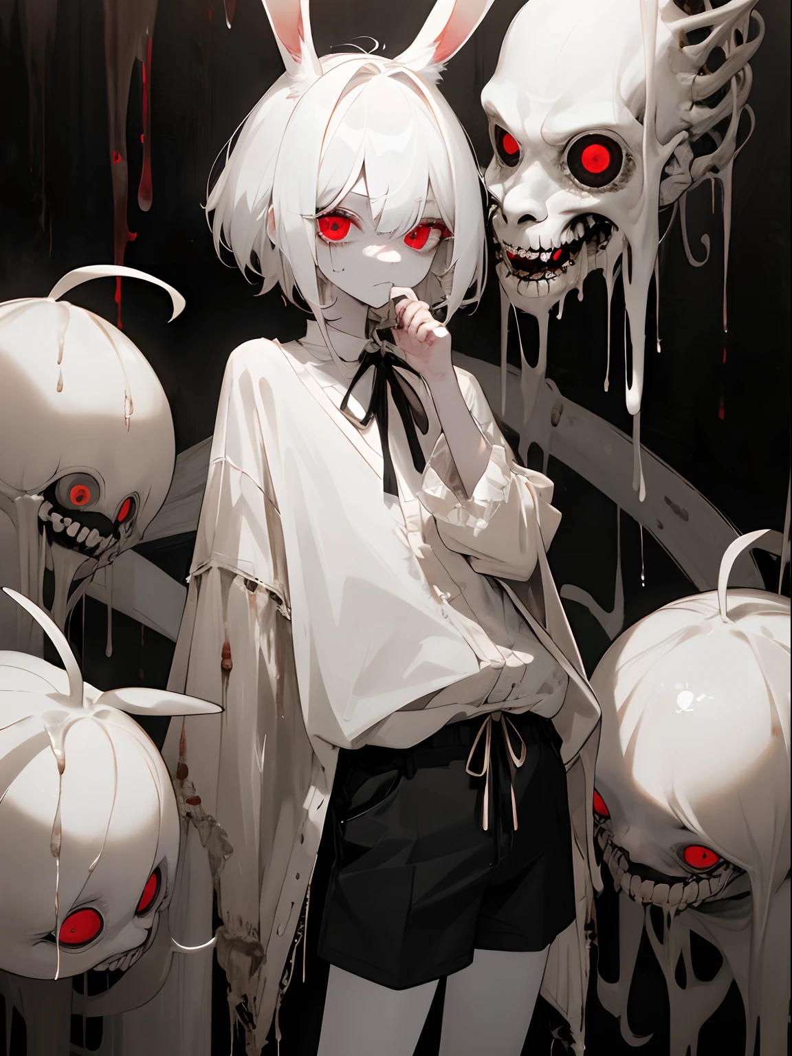 masterpiece, best quality, highres, 1boy, cream hair, white hair, pearl hair, lovely boy, rabbit ears, loose clothing, oversized clothing, dark red eyes, eye bags, dark circles under eyes, yami kawaii, fluffy hair, voluminous hair, skinny, slim, very skinny, androgynous, cute, creepy, short hair, horror, washed out colours, white skin, creepy, unnaturally thin, starving, eyes, eyes in background, sharp eyes, long eyelashes, under lashes, loose shorts, lace shirt, ruffled shirt, bow around neck, detailed clothing, loose cardigan, open cardigan, dripping blood, horrific, nightmare, haunted, stitches, patchwork, puppet, strings, injuries