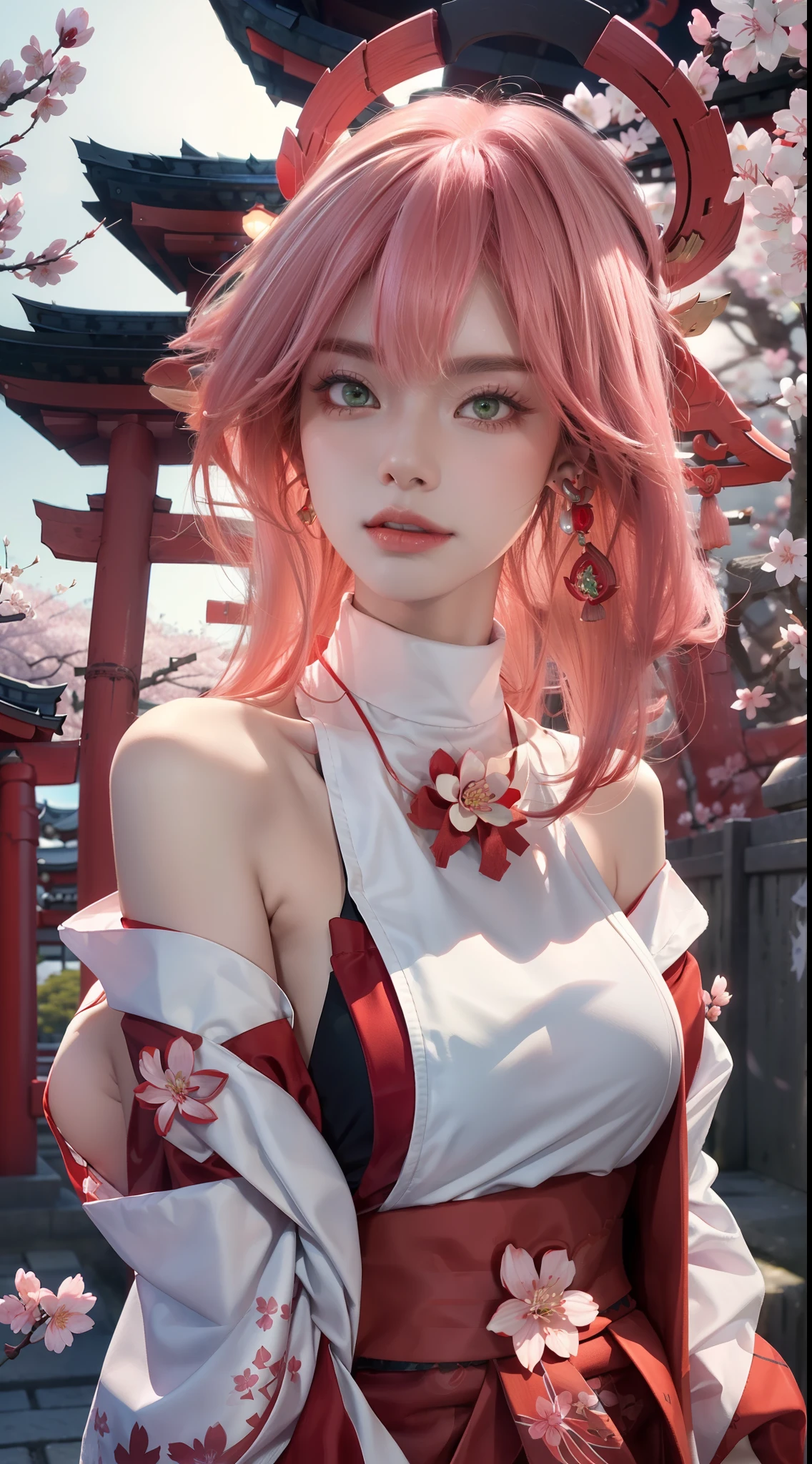 (Masterpiece, Excellent, 1girl, solo, complex details, color difference), realism, ((medium breath)), off-the-shoulders, big breasts, sexy, Yae Miko, long pink hair, red headdress, red highlight, hair above one eye, green eyes, earrings, sharp eyes, perfectly symmetrical figure, choker, neon shirt, open jacket, turtleneck sweater, against the wall, brick wall, graffiti, dim lighting, alley, looking at the audience, ((mean, seductive, charming)), ((cherry blossom background ))),((Japanese temple background)))), (((Glow-in-the-dark background)))