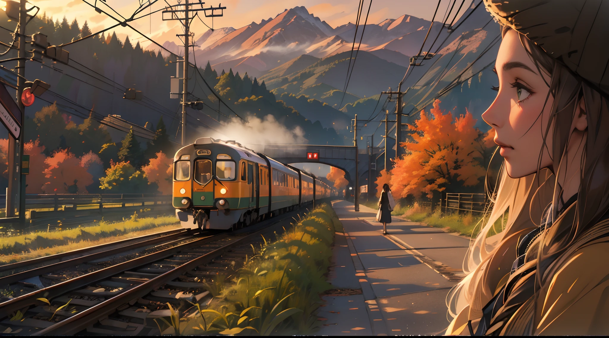 (Best quality,4K,8K,A high resolution,Masterpiece:1.2),Ultra-detailed,(Realistic,Photorealistic,photo-realistic:1.37),Vanishing point combination,Straight rail,Sunset,Vintage trains,Unlimited sunsets,Urban waterfront background,Autumn,Golden mountains,Green trees,Close-up of two girls next to the railway platform,profile shot,Close-up of a character's face