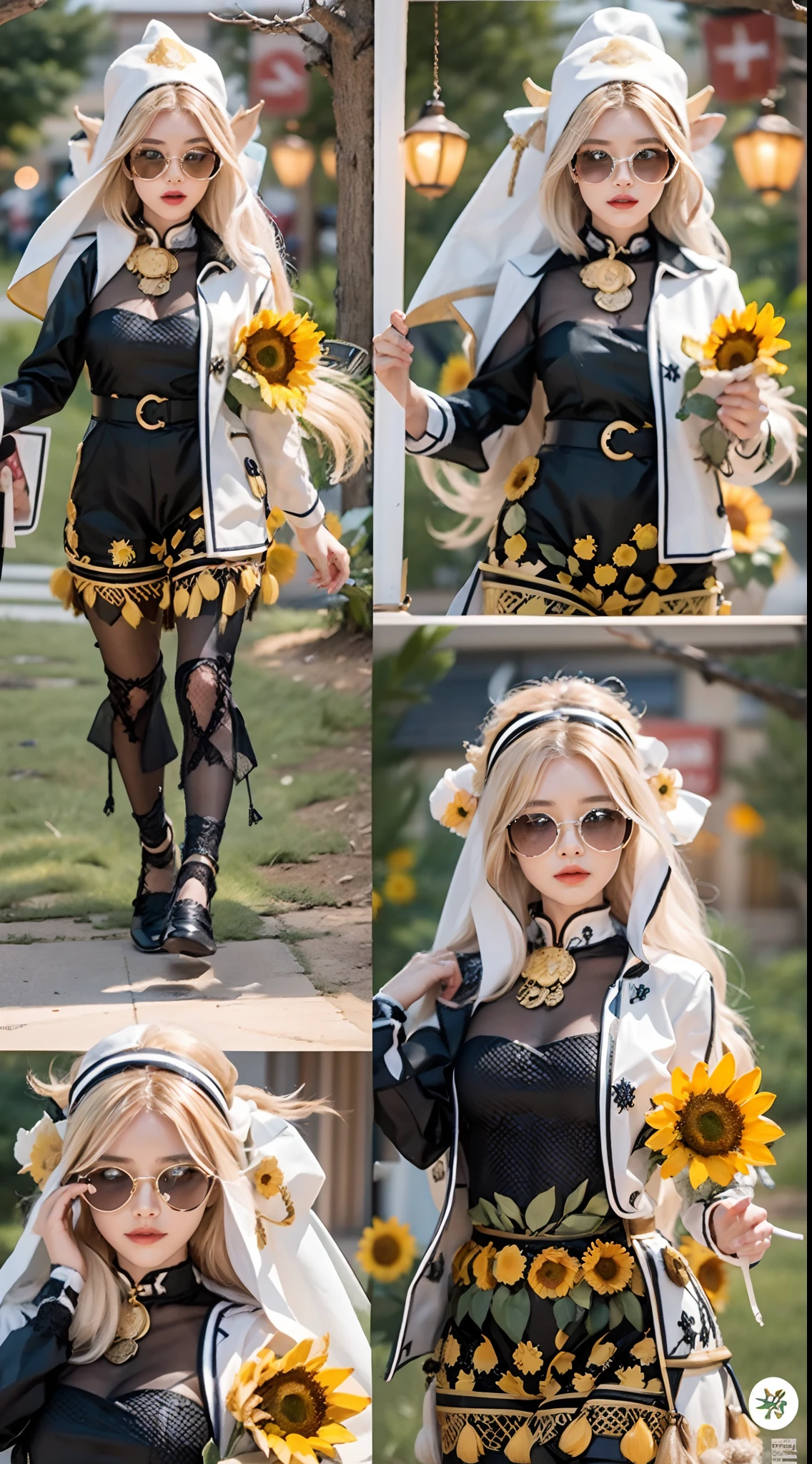 In a very grand scene,The extra-large wide-angle lens captures the appearance of a female centaur。She is a Sunflower Worship nun,Always opposed(Healing smiley face of knitted sunflower puppet😊:99.99)DOA。She is tall,It has the ultimate curvy beauty,The muscles are slender and firm,Beautiful lines。She has(Super huge sky blue eyes:99.99)、always(Wearing sexy glasses:6.66)、(She wears solemn nun attire:9.9)、Stepping on a boot-style skyscraper-heel、A pink cross hangs on his chest。Use Midjourney's advanced tools,Designed for female centaurs(A knitted sunflower puppet and create a super healing cartoon smiley face in the center of the flower tray as a decoration:9.9),and noble and solemn nun costumes,and highlight her unique physiological characteristics and appearance details,Add realism。And in the context of her prayers and listening to confessions,Spectacular views of nature,Such as the sky where storms and sunny days alternate、Brilliant rivers of stars and auroras、The snow-capped summit of Mount Everest、Fireworks in the mountain town, etc。ao mesmo tempo,Away from the hustle and bustle next to the chapel,Create a fantastic scene。Use Midjourney's advanced tools and multiple color palettes、Brush Strokes、Texture tools and model packages,It shows a sense of atmosphere where beauty and charm coexist。The charm of the female centaur is highlighted through color and lines,Enhance realism with detailing,Create a surreal dreamy feeling。Additionally,Use Midjourney's tools to add various exorcism props and books to the female centaur、pergaminhos,Create intricate hairstyles and outfits,Give her a sense of premium。She never flinches,No matter what monster you encounter,can respond quickly,Even the most extreme armies of natural disasters and monsters could not stop her and her front(Sunflower with Tyndall effect that emits sunlight9.99)。Use Midjourney's powerful tools,You can do it with incredible detail and beauty,Bring this ultra-grand and beautiful scene to life。Ultra-grand scenes,s