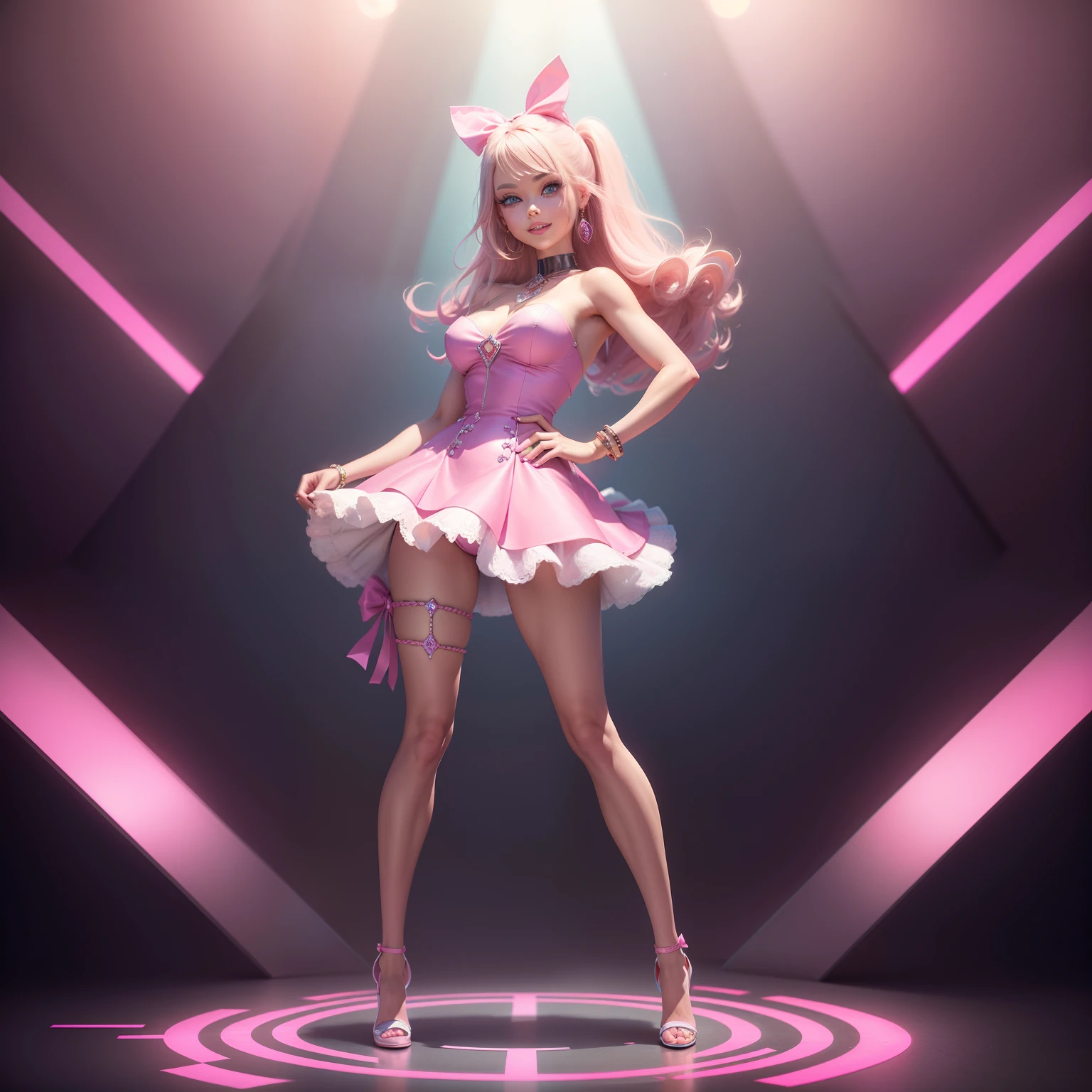 One Barbie, ((Full body)),8th class, Blue eyes, Smiling face, Hair loss swaying in the wind, Hip Hop Singer Pose, Dressed in hip-hop style, Wear a pink short dress,swarovski,pasties,With a pink bow on the arm, Fashion, Extremely high quality, high details, 8K, clean back ground, in studio, ((Full body shot)),Align your fingers neatly,Accurate Hand Modeling,wave her hand,