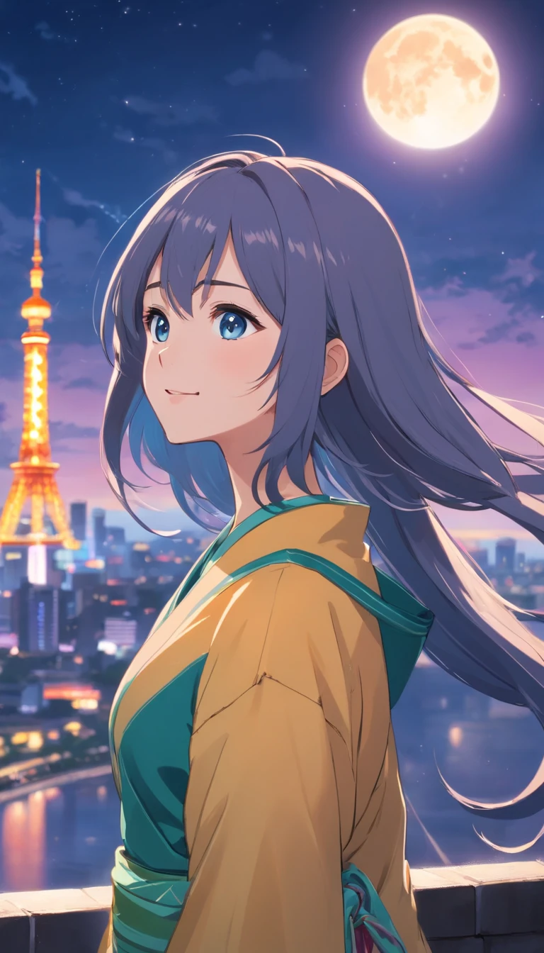 Best quality at best，tmasterpiece，The is very detailed，Face details，8K, detailed back ground，1girll，独奏，Silver hair，eBlue eyes，，long whitr hair，wavey hair，voluminous hair，，，Blushlush，ssmile，Shawl，Chinese city，Chinese service，the night，themoon，scenecy，high place，horizon，ventania，wind blown，flowerbed，looking at viewert