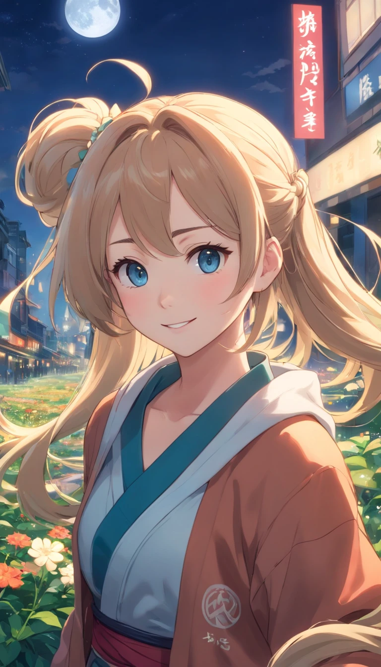 Best quality at best，tmasterpiece，The is very detailed，Face details，8K, detailed back ground，1girll，独奏，Silver hair，eBlue eyes，pigtails，long whitr hair，wavey hair，voluminous hair，pony tails，french braid，Blushlush，ssmile，Shawl，Chinese city，Chinese service，the night，themoon，scenecy，high place，horizon，ventania，wind blown，flowerbed，looking at viewert