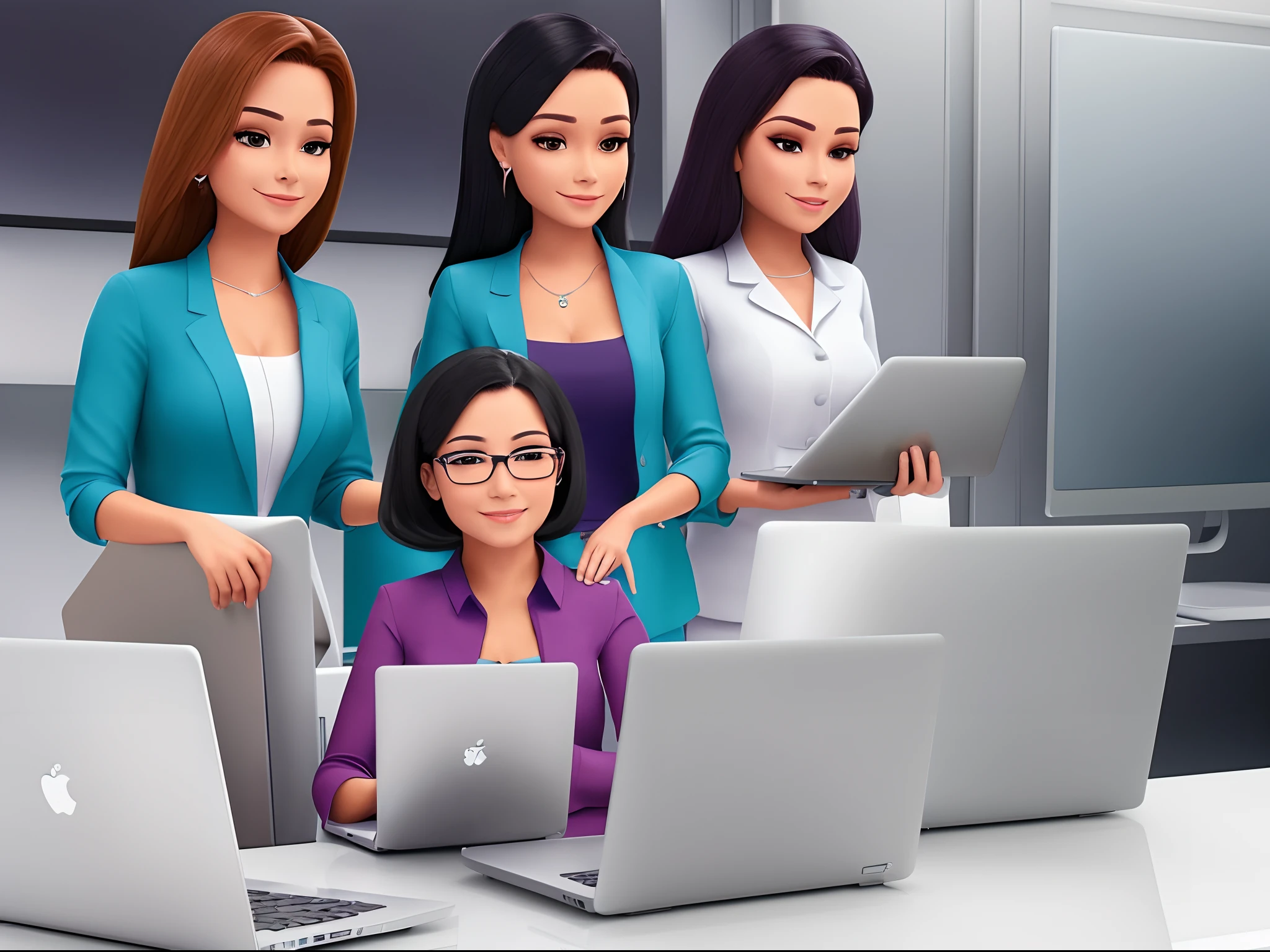 three women executives, one on the laptop, uma no celular, uma no computador, fundo branco png