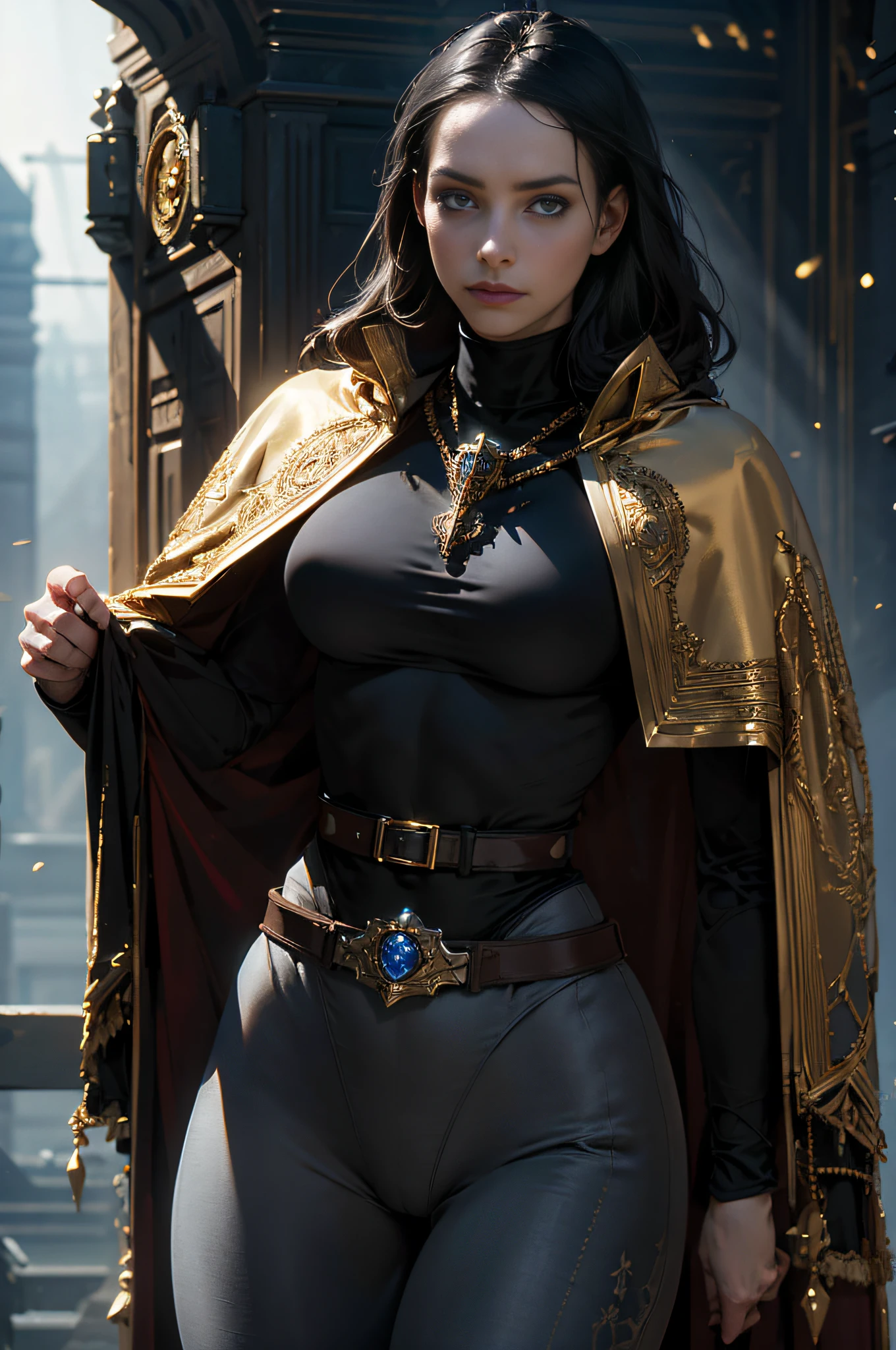 enji night as 1girl, cowboy shot of raven cosplay, pale skin, black leotard, turtleneck, tights, large hips, cape, gold belt, jewels, medallion, athletic, looking at viewer, mist, fog, volumetric lighting, best quality, masterpiece, intricate details, sharp focus, realistic