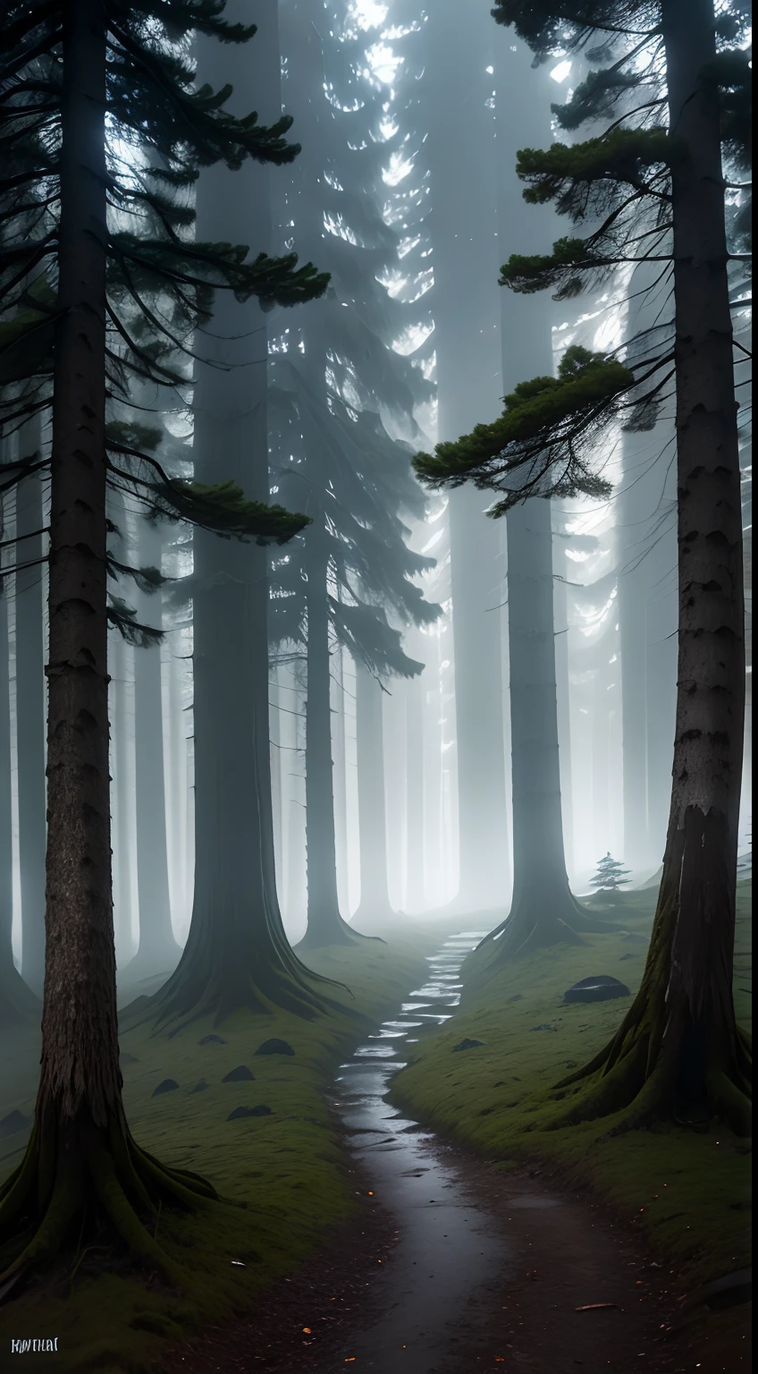 Mysterious forest in twilight with ancient forest, Tall trees shrouded in mist, A hidden path illuminated by eerie, glowing mushrooms, A quiet charm and a sense of solitude, Photography, DSLR camera with wide-angle lens, Long exposure,