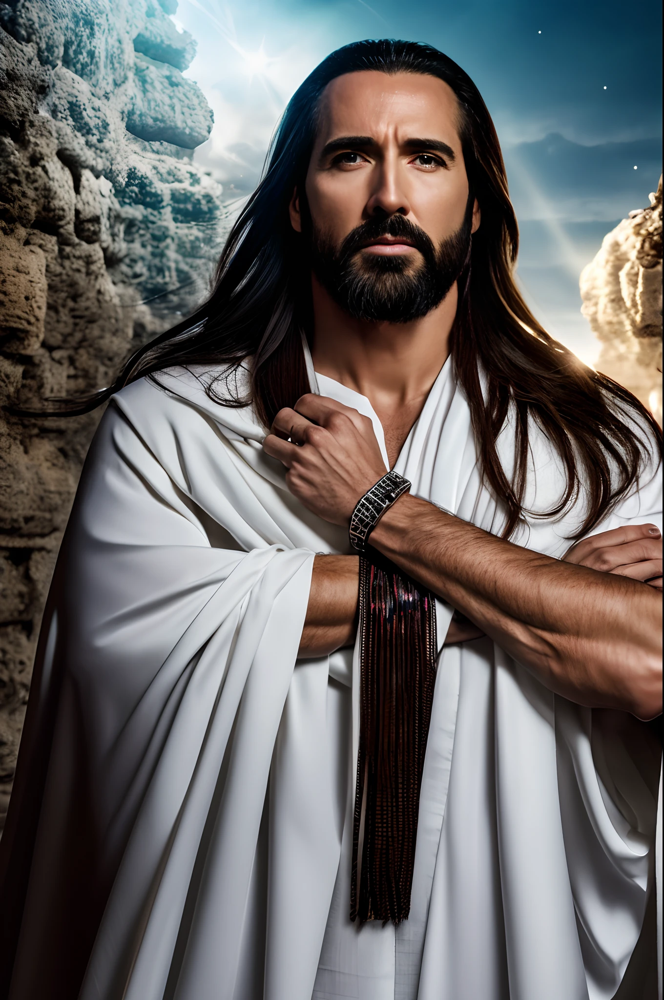 Jesus com o rosto de Nicolas Cage, olhos de Jim Caviezel detalhado,Sacred appearance,holy expression,Halo Dourado,Luz Divina,atmosfera serena,fundo celestial,obras de arte religiosas,meio de pintura,pinceladas ultra-detalhadas,piece of master :1.2,HDR,UHD,studio lighting,Realistic,paleta colorida,cores cintilantes,tons suaves e quentes,soft natural lighting,sombras sutis,dramatic contrast,emotion captured,facial features in focus,olhar penetrante,Strong jaw,Looks bonitos ,cabelos castanhos ondulados,barba perfeitamente cuidada,white mantle covering trunk and flowing arms,long flowing hair,pose graciosa,open arms,Divine Presence,Peaceful aura,Energia poderosa