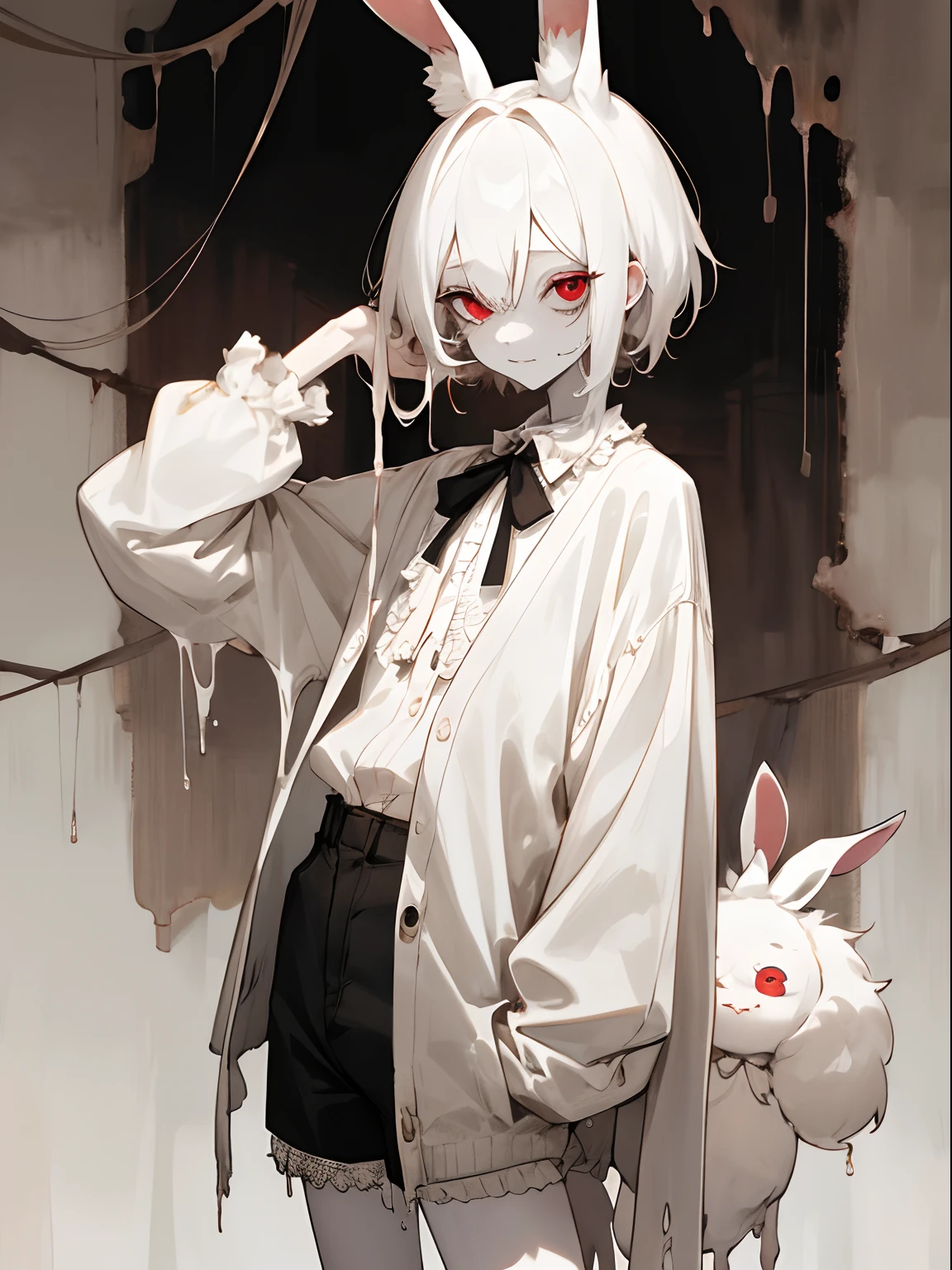 masterpiece, best quality, highres, 1boy, cream hair, white hair, pearl hair, lovely boy, rabbit ears, loose clothing, oversized clothing, dark red eyes, eye bags, dark circles under eyes, yami kawaii, fluffy hair, voluminous hair, skinny, slim, very skinny, androgynous, cute, creepy, short hair, horror, washed out colours, white skin, creepy, unnaturally thin, starving, eyes, eyes in background, sharp eyes, long eyelashes, under lashes, loose shorts, lace shirt, ruffled shirt, bow around neck, detailed clothing, loose cardigan, open cardigan, dripping blood, horrific, nightmare, haunted, stitches, patchwork, strings, injuries, hell, injuries on arms, self harm, cuts, black fingers, factory, abandoned, falling apart