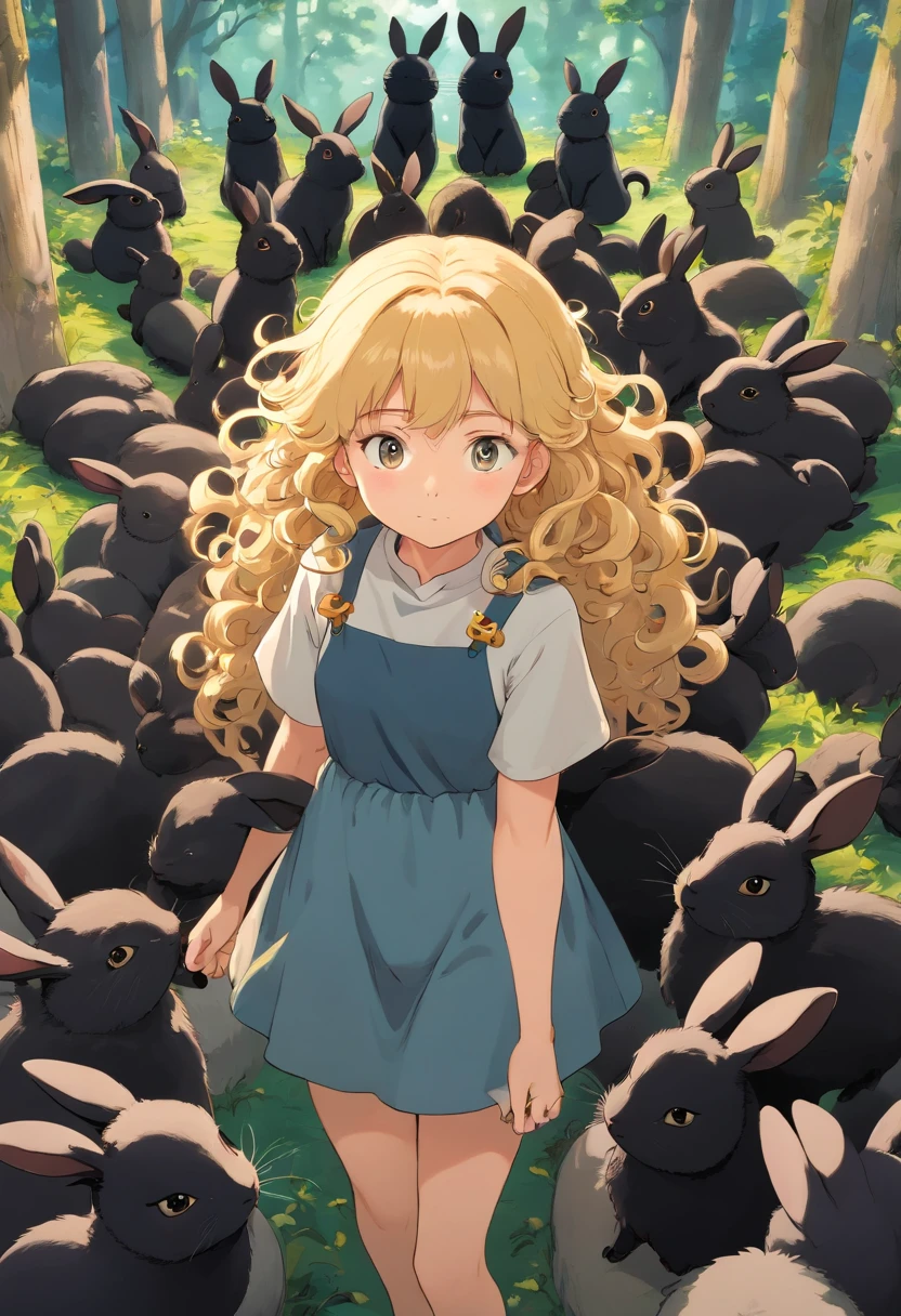 Girl with curly blonde hair,Surrounded by many little black rabbits