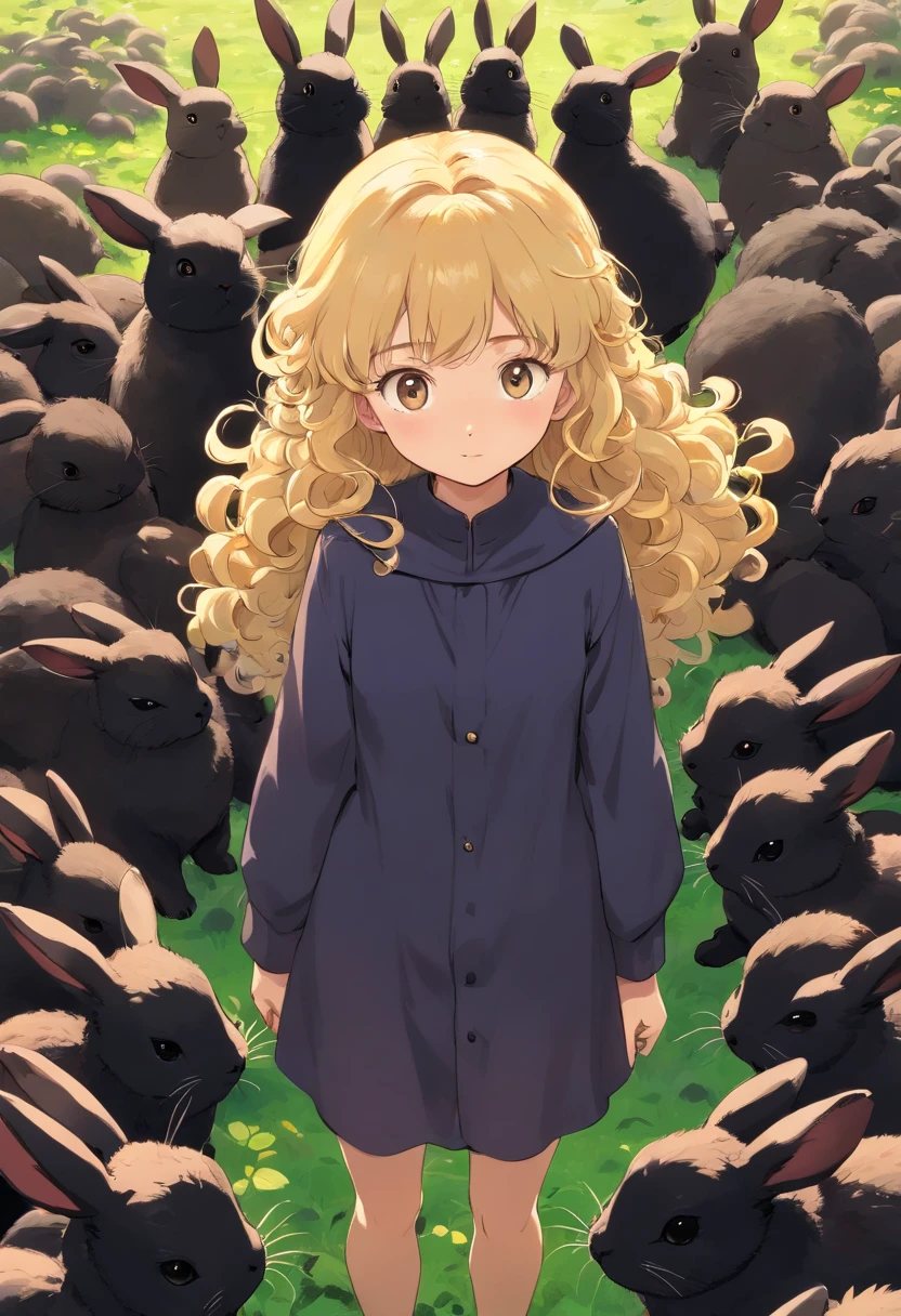Girl with curly blonde hair,Surrounded by many little black rabbits