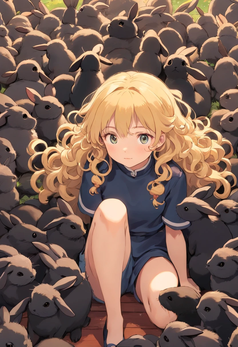 Girl with curly blonde hair,Surrounded by many little black rabbits