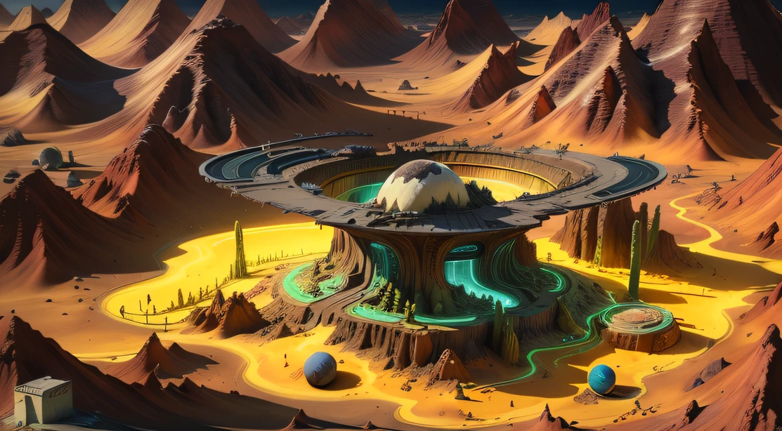 Alien Fall Base (Very detailed) In the mountainous desert,There are several exhaust fans and yellow chimneys, Some neon lights come out of the base to illuminate the dark place, (Extreme nights), Some clouds in the night sky, Some of the surrounding planets provide air to unknown planets,The farthest giant volcano is erupting