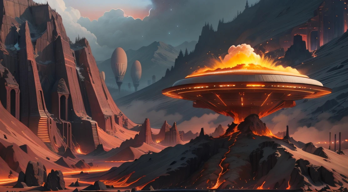 Alien Fall Base (Very detailed) In the mountainous desert,There are several exhaust fans and yellow chimneys, Some neon lights come out of the base to illuminate the dark place, (Extreme nights), Some clouds in the night sky, Some of the surrounding planets provide air to unknown planets,The farthest giant volcano is erupting
