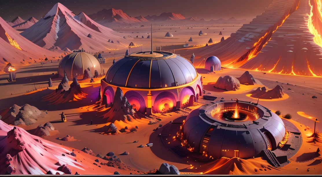 Alien Fall Base (Very detailed) In the mountainous desert,There are several exhaust fans and yellow chimneys, Some neon lights come out of the base to illuminate the dark place, (Extreme nights), Some clouds in the night sky, Some of the surrounding planets provide air to unknown planets,The farthest giant volcano is erupting