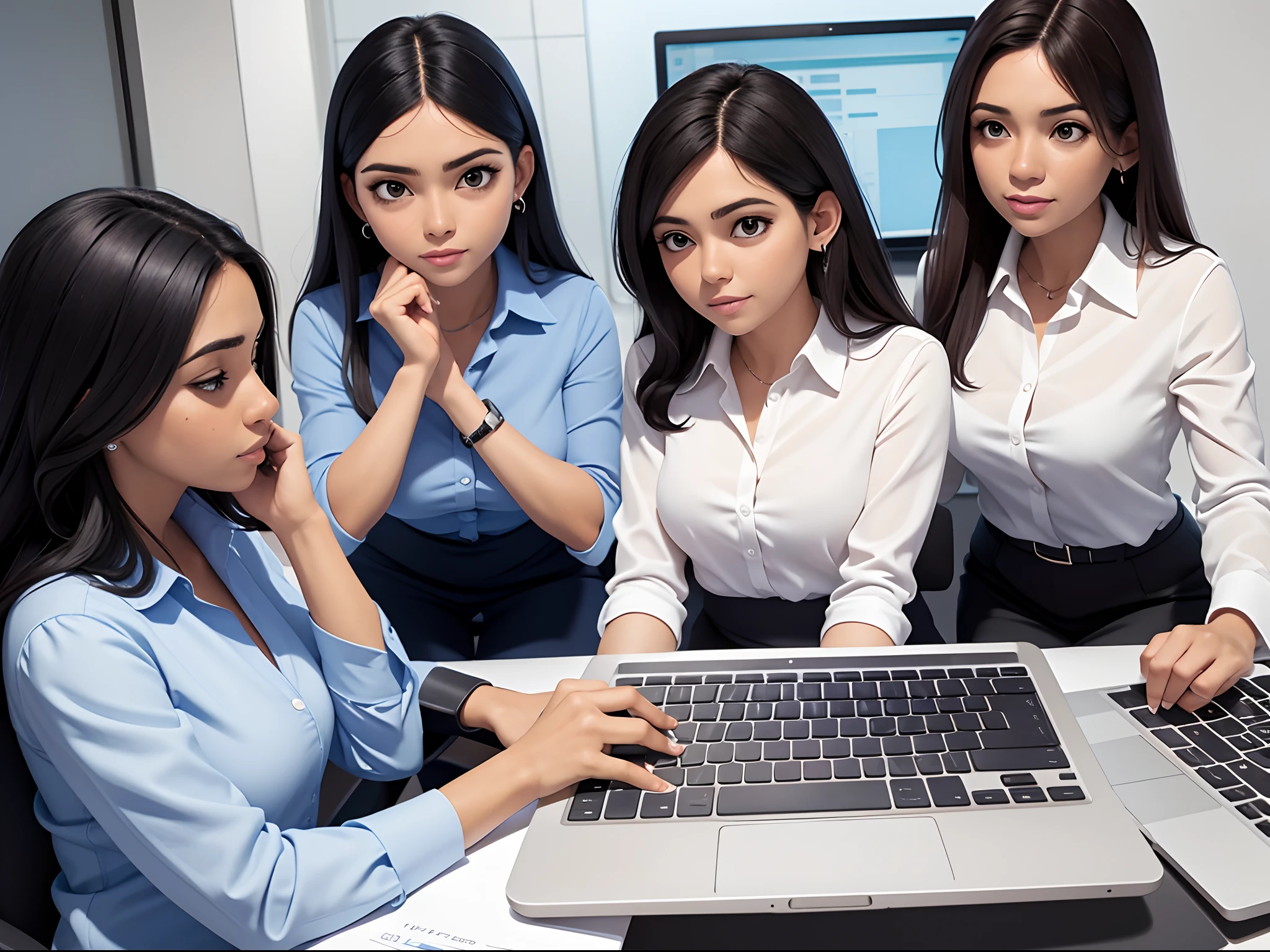 three women executives, one on the laptop, uma no celular, uma no computador, fundo branco png