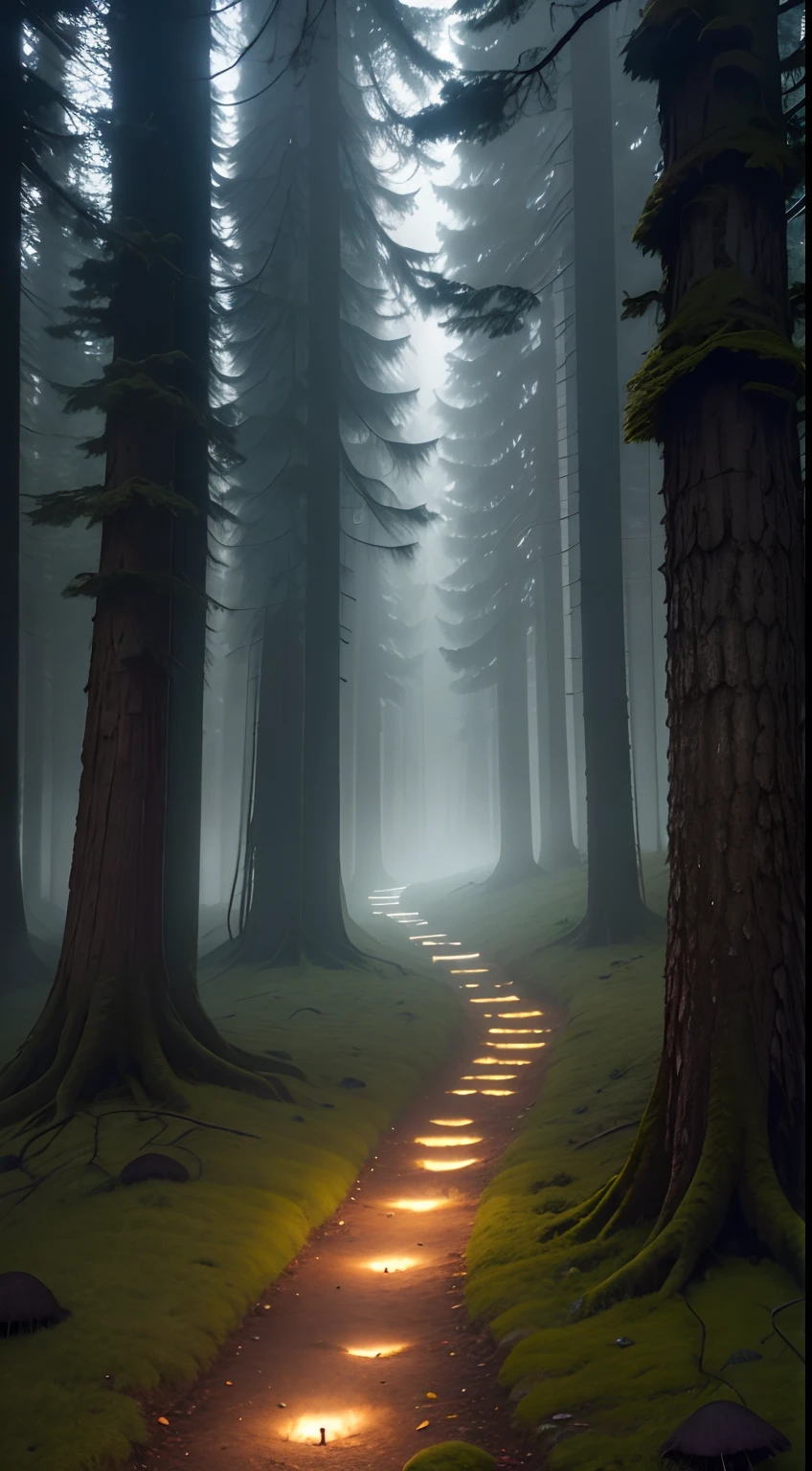 Mysterious forest in twilight with ancient forest, Tall trees shrouded in mist, A hidden path illuminated by eerie, glowing mushrooms, A quiet charm and a sense of solitude, Photography, DSLR camera with wide-angle lens, Long exposure,