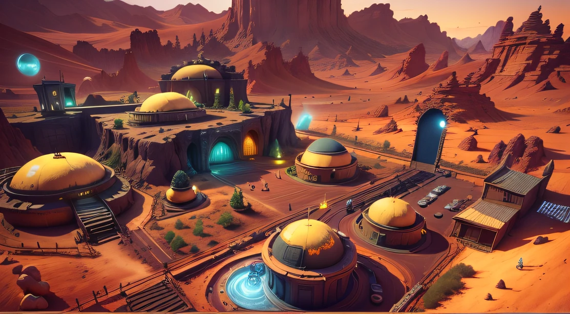 Alien Fall Base (Very detailed) In the mountainous desert,There are several exhaust fans and yellow chimneys, Some neon lights come out of the base to illuminate the dark place, (Extreme nights), Some clouds in the night sky, Some of the surrounding planets provide air to unknown planets,The farthest giant volcano is erupting