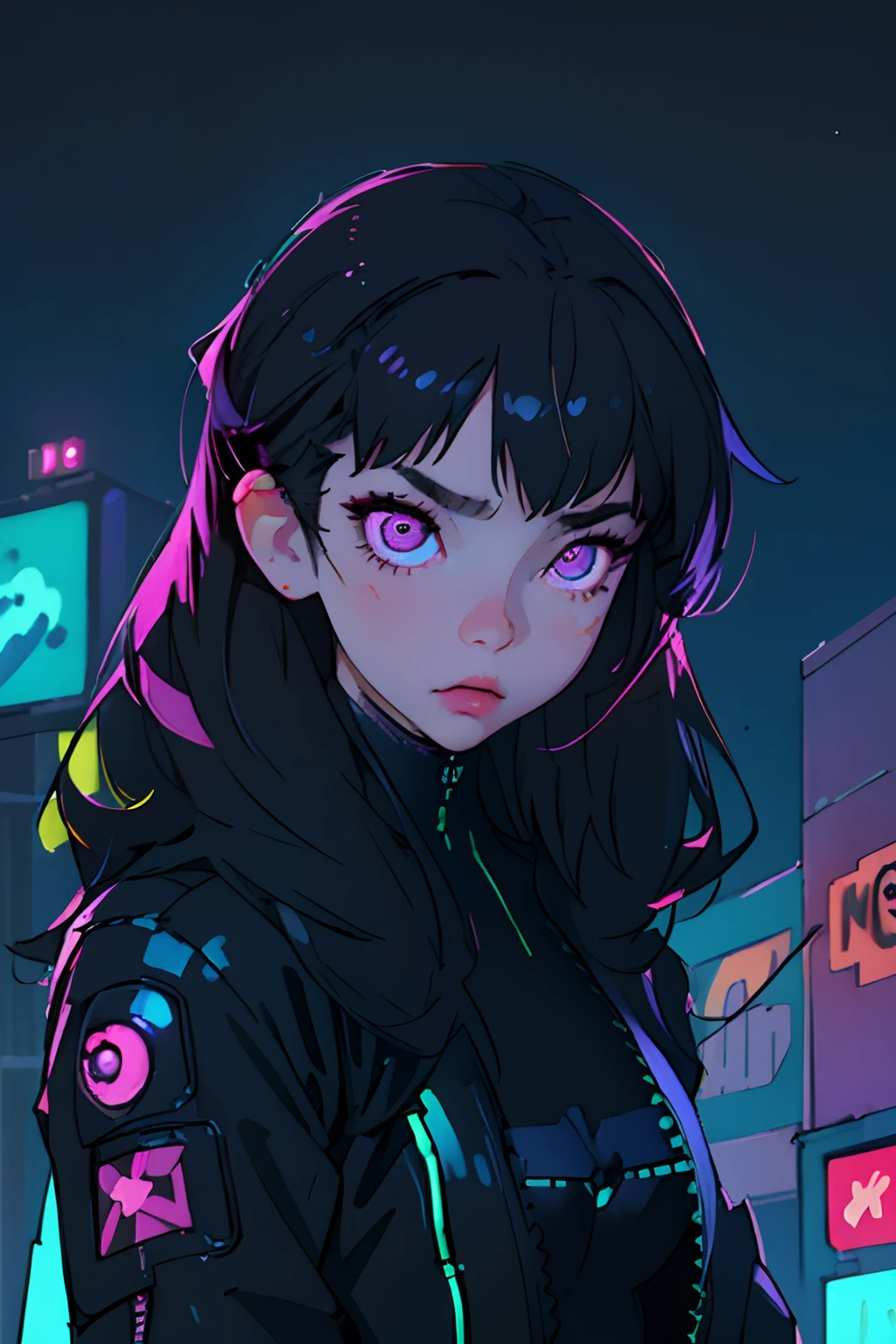 (best quality, masterpiece1.2), (detailed eye:1.2), complex detail, depth of field, 1girl, city, cyberpunk, neon, neon lights, night, moon,