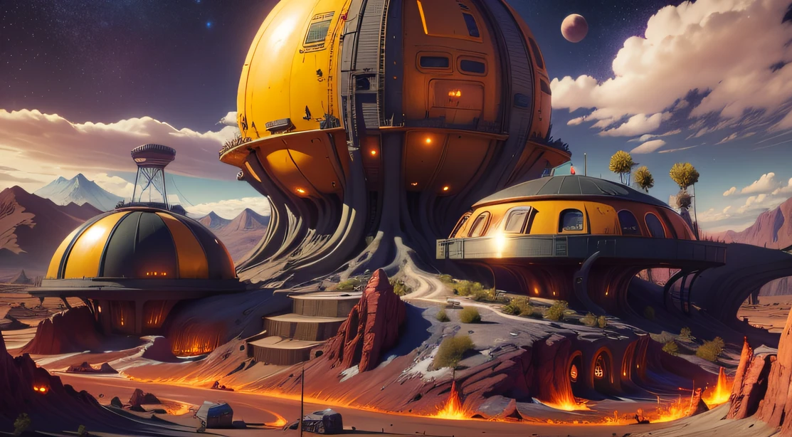 Alien Fall Base (Very detailed) In the mountainous desert，There are several exhaust fans and yellow chimneys, Some neon lights come out of the base to illuminate the dark place, (Extreme nights), Some clouds in the night sky, Some of the surrounding planets provide air to unknown planets，The farthest giant volcano is erupting