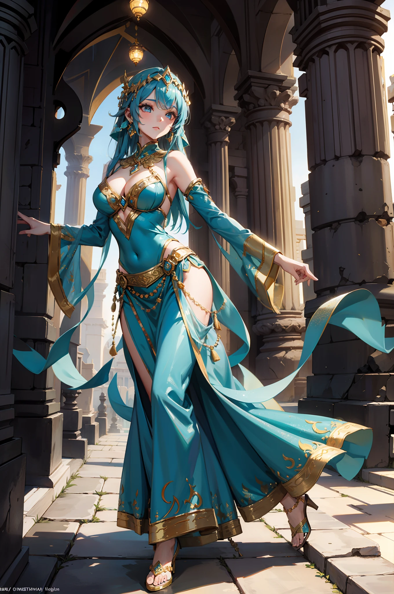 Beautiful Enchanting Arabian dancer in a captivating costume, gracefully posing amidst mystical ancient ruins."