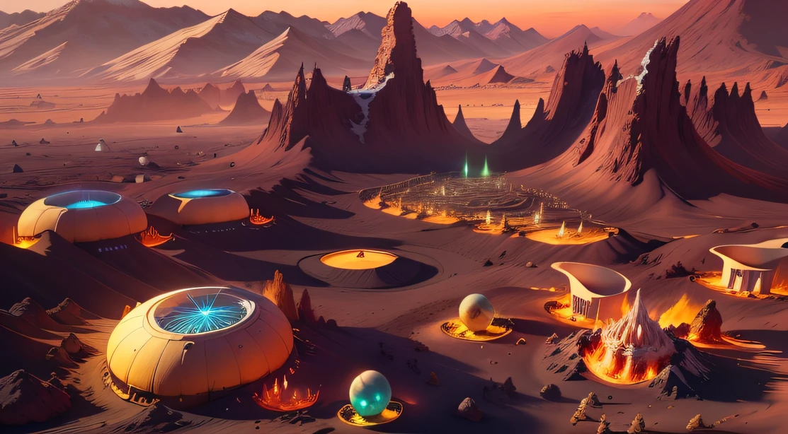 Alien Fall Base (Very detailed) In the mountainous desert，There are several exhaust fans and yellow chimneys, Some neon lights come out of the base to illuminate the dark place, (Extreme nights), Some clouds in the night sky, Some of the surrounding planets provide air to unknown planets，The farthest giant volcano is erupting