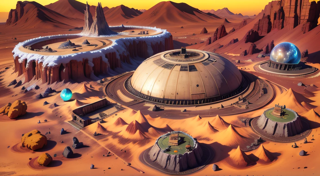 Alien Fall Base (Very detailed) In the mountainous desert,There are several exhaust fans and yellow chimneys, Some neon lights come out of the base to illuminate the dark place, (Extreme nights), Some clouds in the night sky, Some of the surrounding planets provide air to unknown planets,The farthest giant volcano is erupting