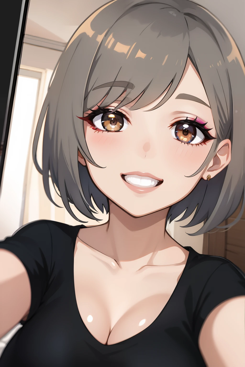One girl, short hair, grey hair, brown eyes, makeup, happy smile, big breasts, house, (selfie)
