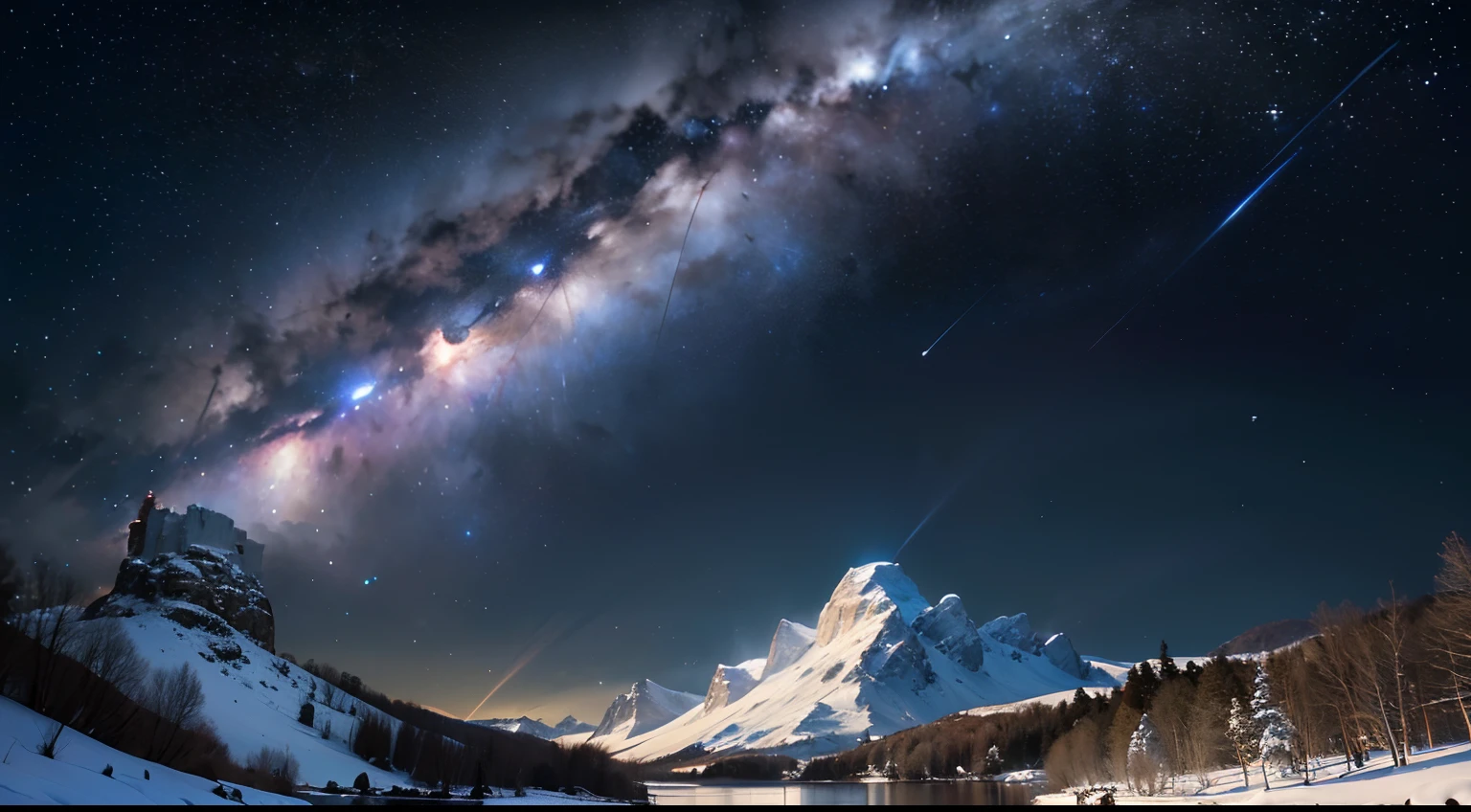 ((Background with、Winters、snowscape、Silver World、Wide night sky、nighttime scene、Will、Shining stars、Fantastical、shooting stars、Shining stars、Twinkling Stars、constellation、Meteor swarm、Starry sky reflecting off the lake、Milky Way Galaxy、a moon、white blossoms、Superb view、nigh sky、Beautiful fece:1.5)),Surrealism, high detail, Hyperrealism, film grain, tachi-e, parkle, UHD, masterpiece, ccurate, anatomically correct, textured skin, super detail, high details, high quality, super detail, best quality, highres, 1080P, HD, 8k,