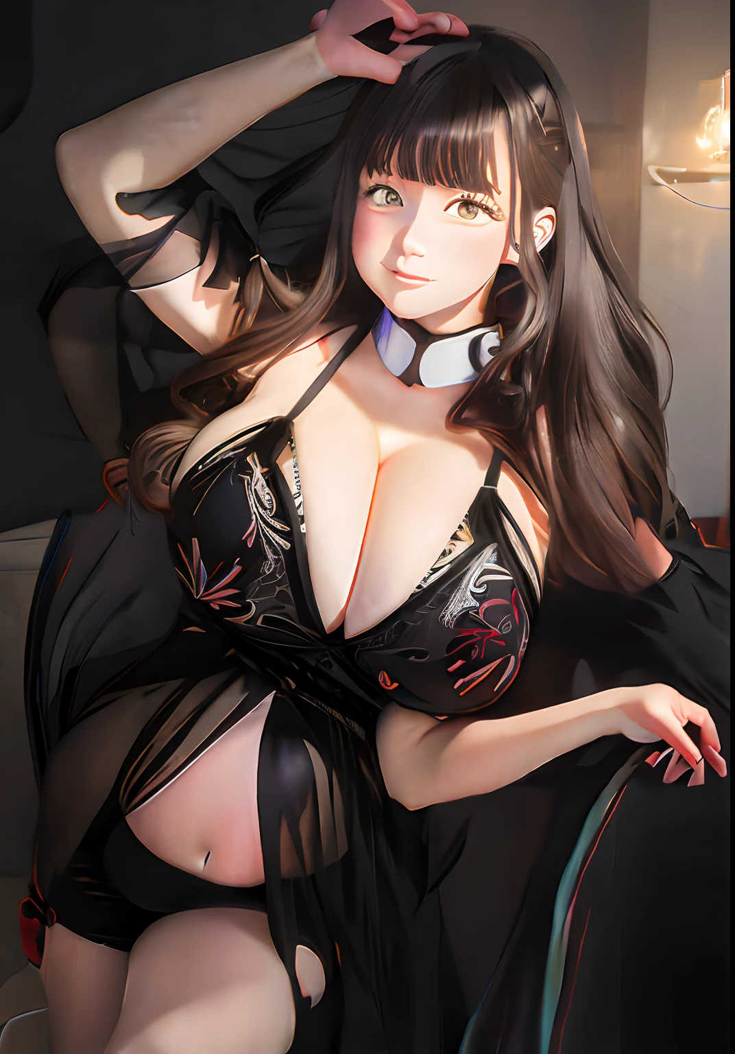 anime - style image of a woman in a black dress transparent laying on a bed, embarrassed, blushing face, belly inflation, pregnant, big breasts, big thigh, big thicc, big ass, seductive anime girl, anime girl wearing a black dress transparent, anime moe artstyle, beautiful alluring anime woman, from girls frontline, milf in dress, marin kitagawa fanart, beautiful anime woman, (anime girl), fine details. girls frontline, anime girl with long hair, big curvy milf, beautiful anime girl